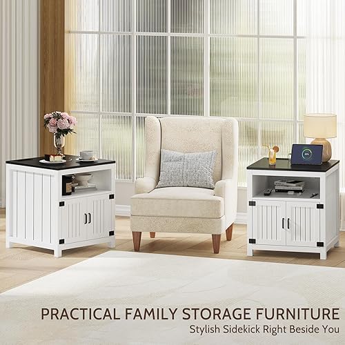 Miniatura 8 de Juego de 2 mesas auxiliares de granja con estación de carga, mesa auxiliar grande de 24 pulgadas con estante abierto y armario de almacenamiento,