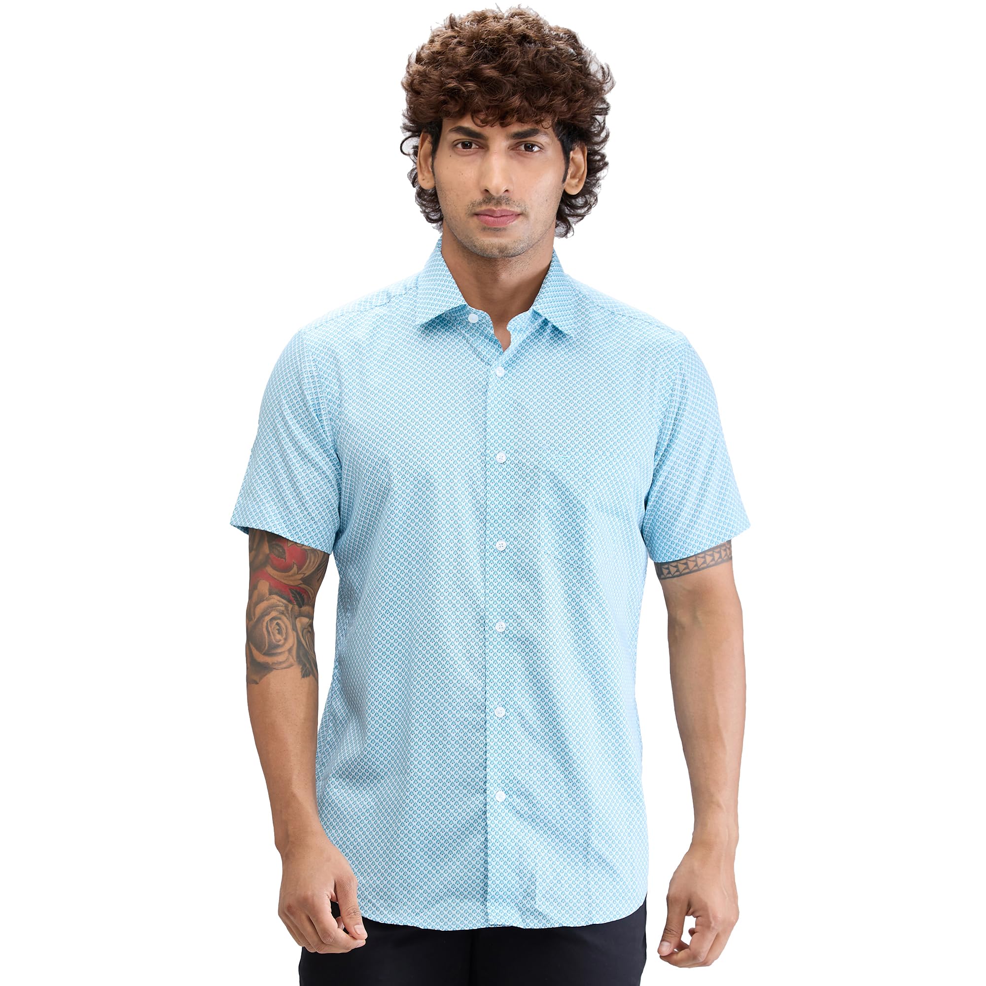 colorplus Men's Regular Fit Print Pattern Pure Cotton Plain Collar Half Sleeve Casual Shirt-picture-53