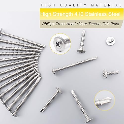 Miniatura 5 de JEGONFRI Tornillos autorroscantes de acero inoxidable 410 #8 x 12 pulgada para metal, plástico y madera, cabeza de armadura modificada Philips,