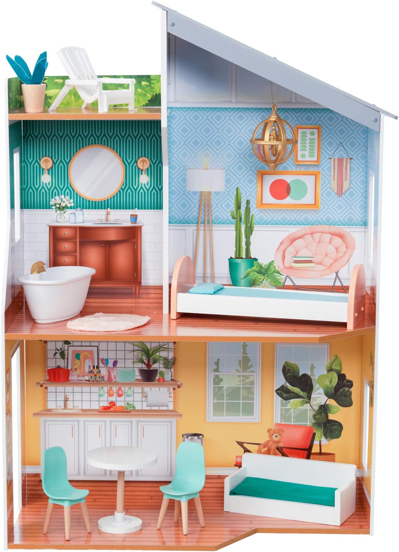 KidKraftEmily Wooden Dolls House with Furniture and Accessories Included, 3 Storey Play Set with Roof Terrace for 30 cm/12 Inch Dolls, Kids' Toys, 65988