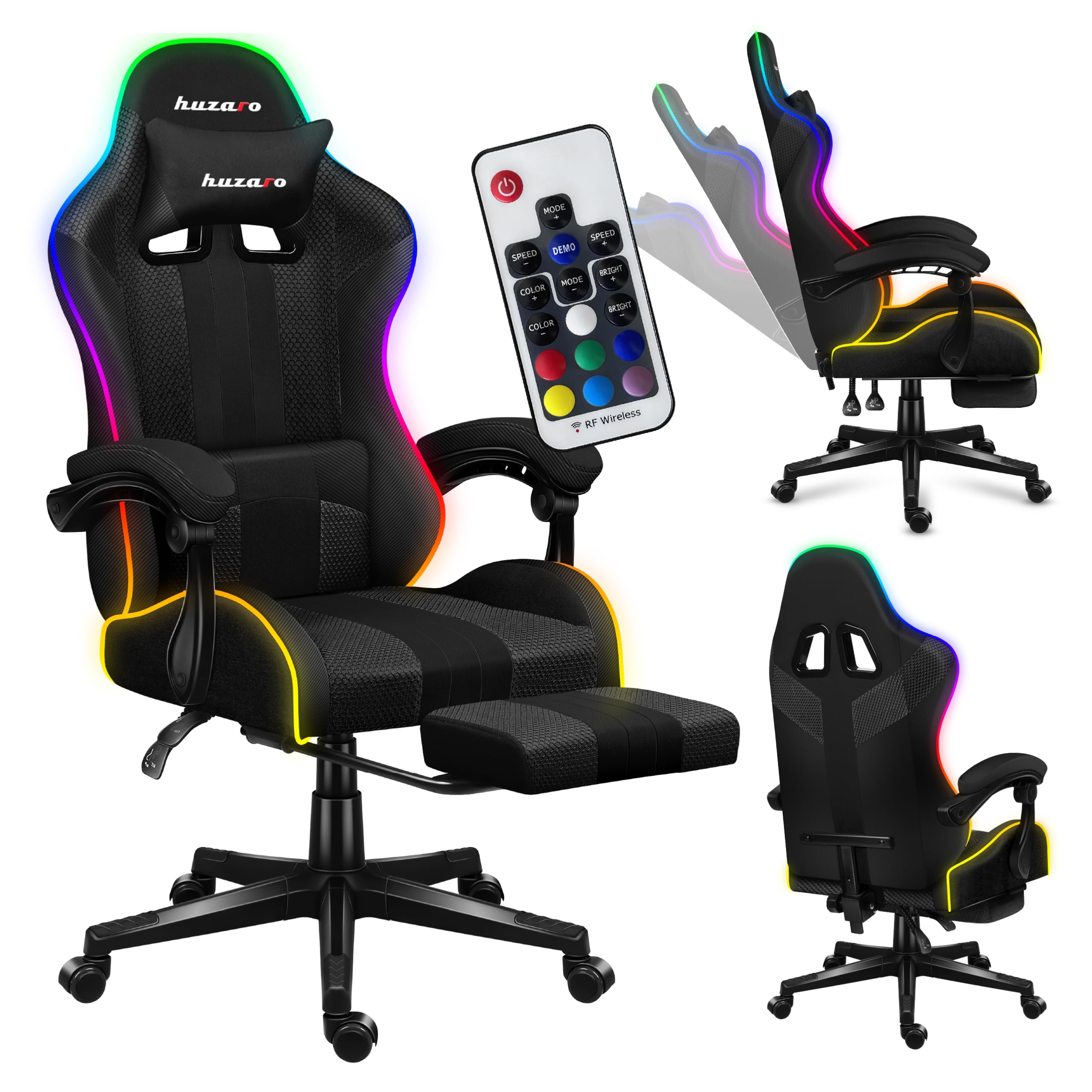 huzaro Force 4.7 RGB Gaming Stuhl - Ergonomischer Bürostuhl & PC Stuhl | Schreibtischstuhl für Gamer - Bis 150 kg belastbar - Mit ausziehbarer Fußstütze & Lendenkissen - Stoff Mesh - Schwarz