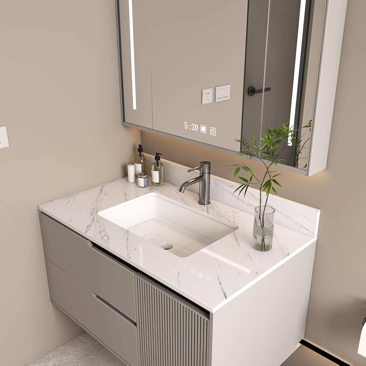 Sintered Stone Vanity Kit With Undermount Rectangular Basin, Four-Inch Integrated Backsplash, Waterproof Heat-Shield Surface, Overflow Channel,DIY Bathroom Upgrade (1 Faucet Hole,37 x 22IN)