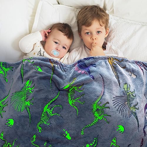 Miniatura 2 de Manta de dinosaurio colorida que brilla en la oscuridad manta suave para niños manta mullida y cálida para dinosaurio manta de forro polar regalo
