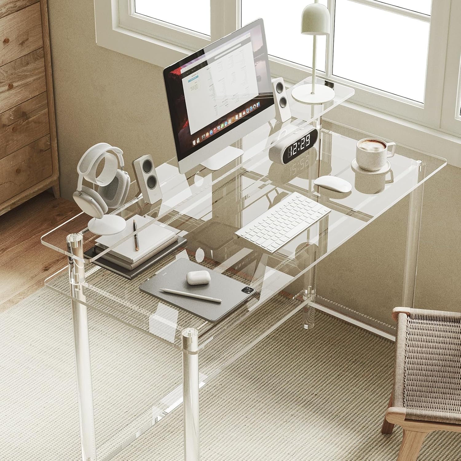 Eglaf Acrylic Desk - 47.2" L x 19.7'' W x 34.5" H - Modern Home Office Desk with Monitor Stand - Clear Desk Computer Desk Writing Table for Office, Living Room, Bedroom