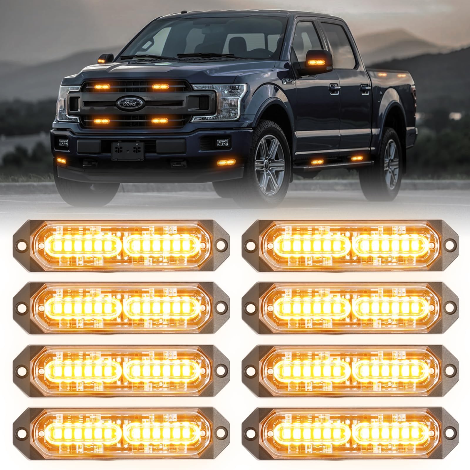 8-Pcs Amber 12 LED Sync Feature Emergency Strobe Grille Lights Bar, Ultra Slim Surface Mount Hazard Warning Flashing Light for Firefighter/Construction/Police/Trucks/Vehicles/Car/SUV
