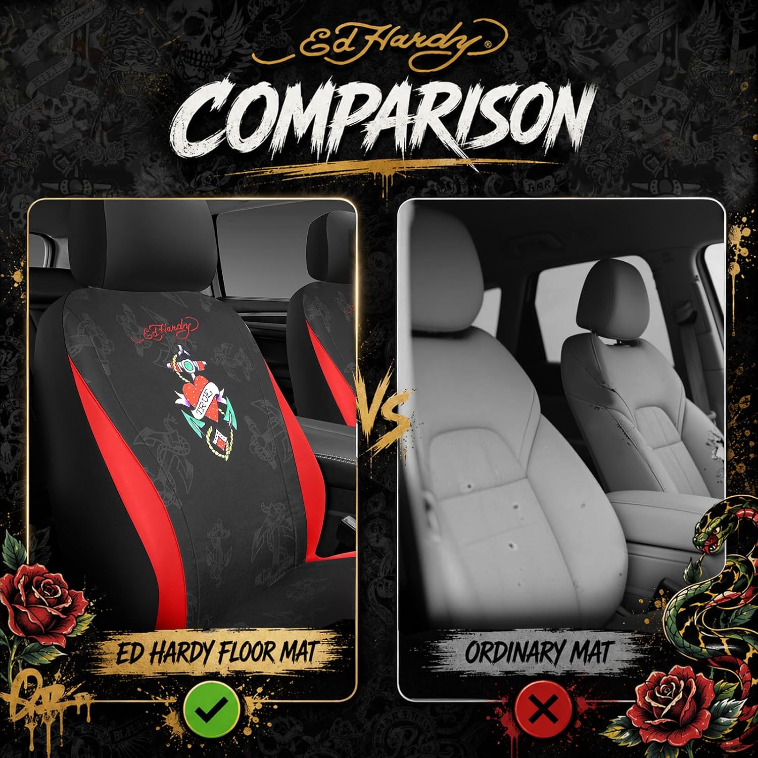 ED HARDY Heart Print Car Seat Covers, Red Leather Patchwork Design Front Seat Covers, Airbag Compatible Seat Cover for Cars, Universal Fit Automotive Covers for Most Cars, Trucks & SUVs