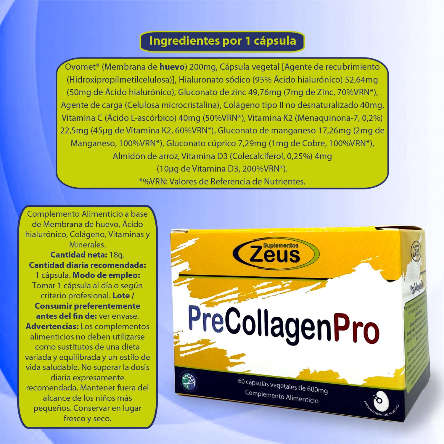 PreCollagenPro aiuta i tessuti, previene dolori articolari e infiammazioni, previene l'invecchiamento prepamturo. 60 cps vegetali