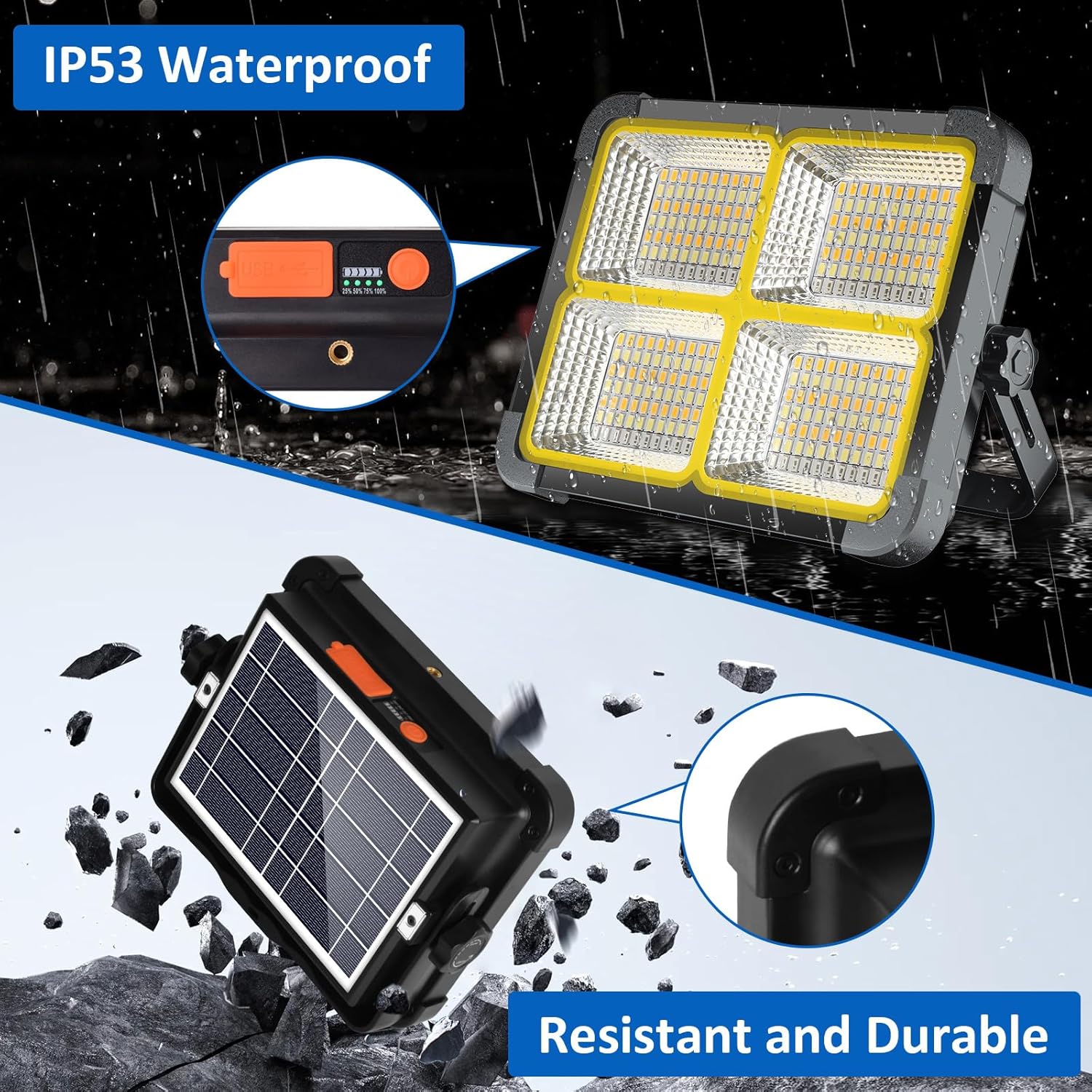 100W Rechargeable Work Light, 12000mAh Solar Work Lights, 336 LEDs Flood Light, 4 Lighting Modes& Stepless Dimming, Portable for Camping, Car Repair, Power Cut, Emergency - Image 6