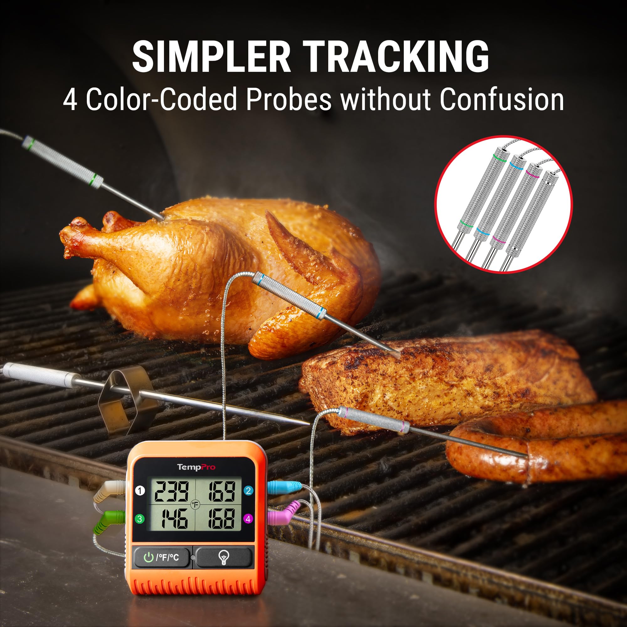 ThermoPro TP829 Termómetro inalámbrico LCD para carne para asar y ahumar, termómetro de parrilla de 1000 pies para parrilla exterior con 4 sondas de carne, termómetro de barbacoa para horno ahumador,