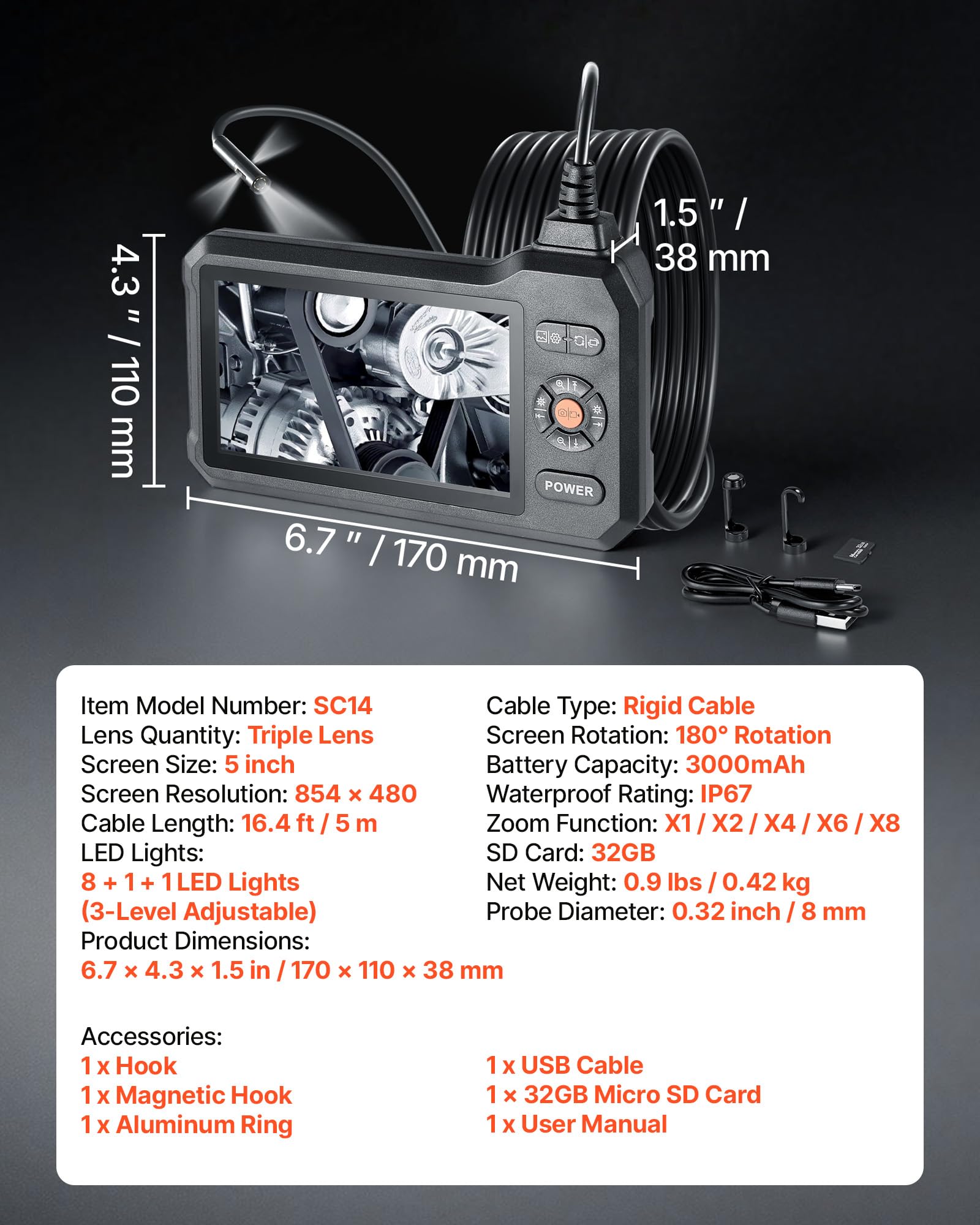 VEVOR Endoscopio Articolato a Tripla Lente, Telecamera Endoscopica Industriale con Luce, Schermo IPS HD da 5'', Zoom 8x, Risoluzione 1280 x 720, Cavo Impermeabile IP67 da 5 m, per Auto e Idraulica