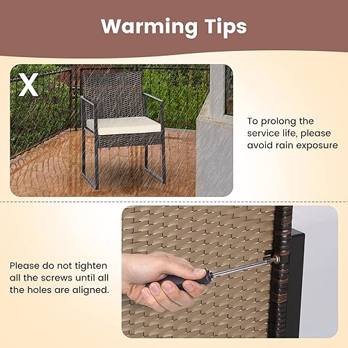 Miniatura 8 de COSTWAY Juego de 3 piezas de patio bistró, sofá de ratán para exteriores con mesa auxiliar, 2 cojines, juego de conversación de mimbre para jardín,