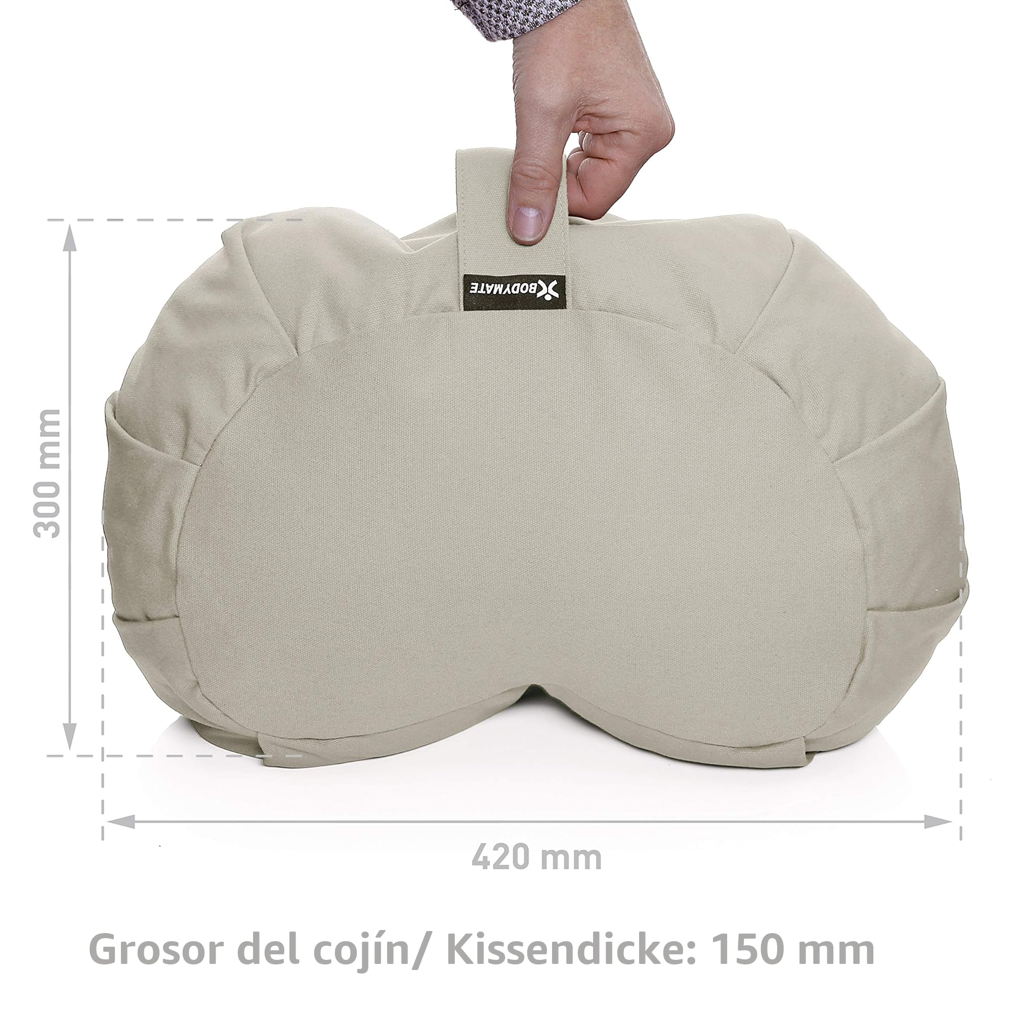 BODYMATE Cojín de yoga de media luna, 42 cm de largo, 30 cm de ancho y 15 cm de alto, con relleno de piel de trigo sarraceno, funda lavable a máquina, 100% algodón extragrueso, cojín de meditación
