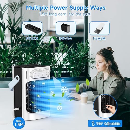 Miniatura 3 de Aire acondicionado portátil, enfriador de aire evaporativo TIOKVIOP 10 W mejorado y 3 niebla fría 3 en 1, 3 velocidades de viento y 7 luces LED, 3