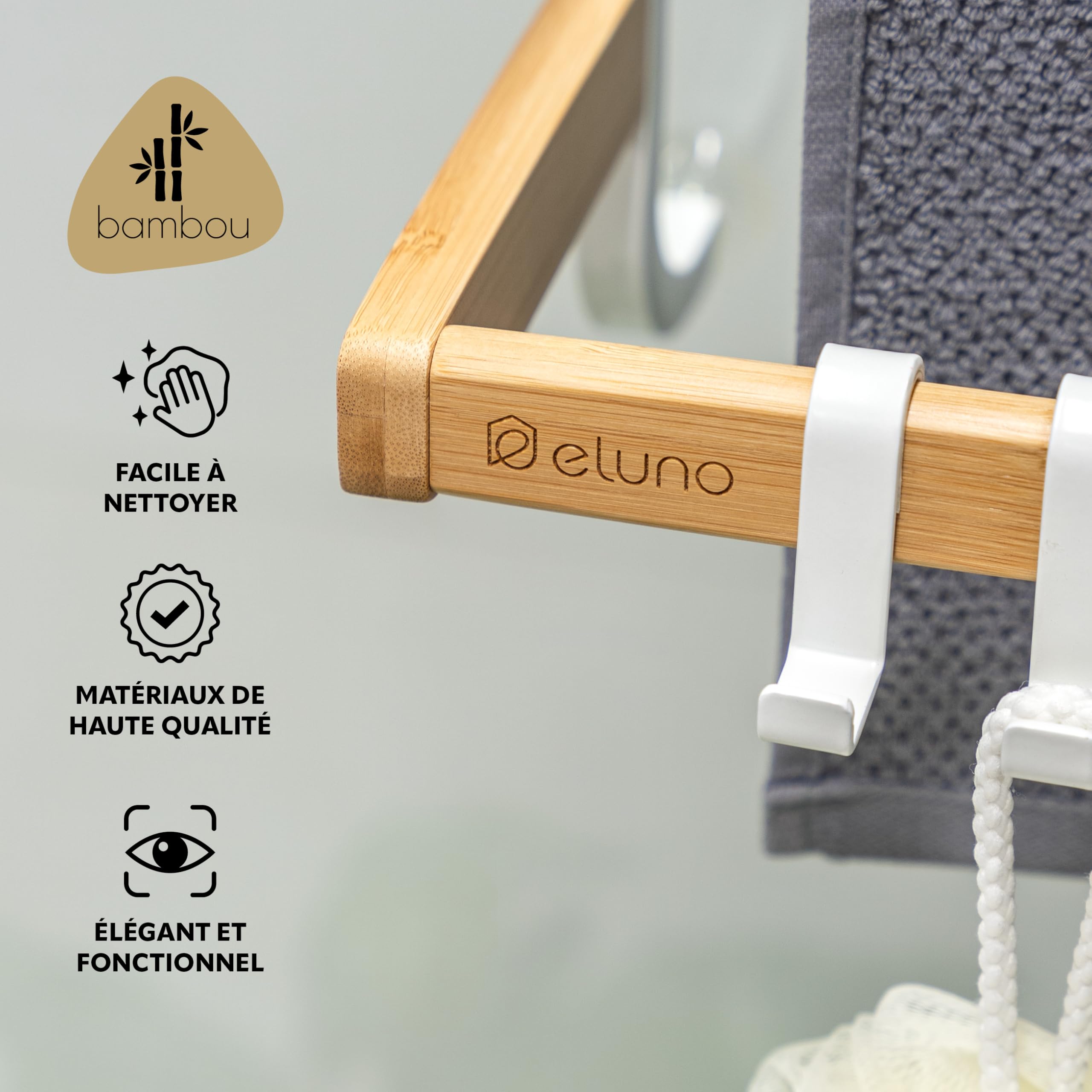 eluno Porte-serviettes pour paroi de douche en verre en métal et bambou, porte-serviettes avec 3 barres, 4 crochets pratiques, à suspendre sans perçage, blanc