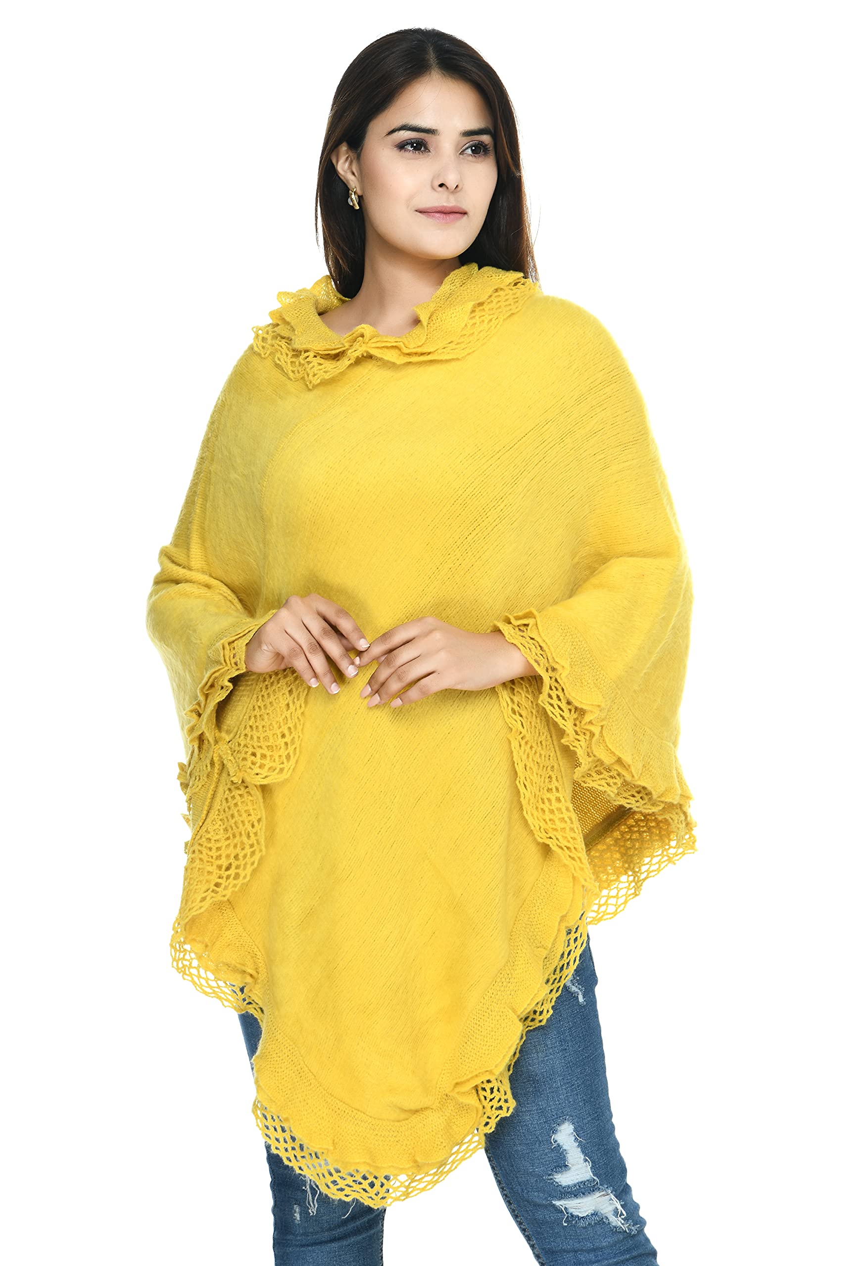 manra Women Girls Woolen Solid Frill Poncho for Winter SC 01-picture-26