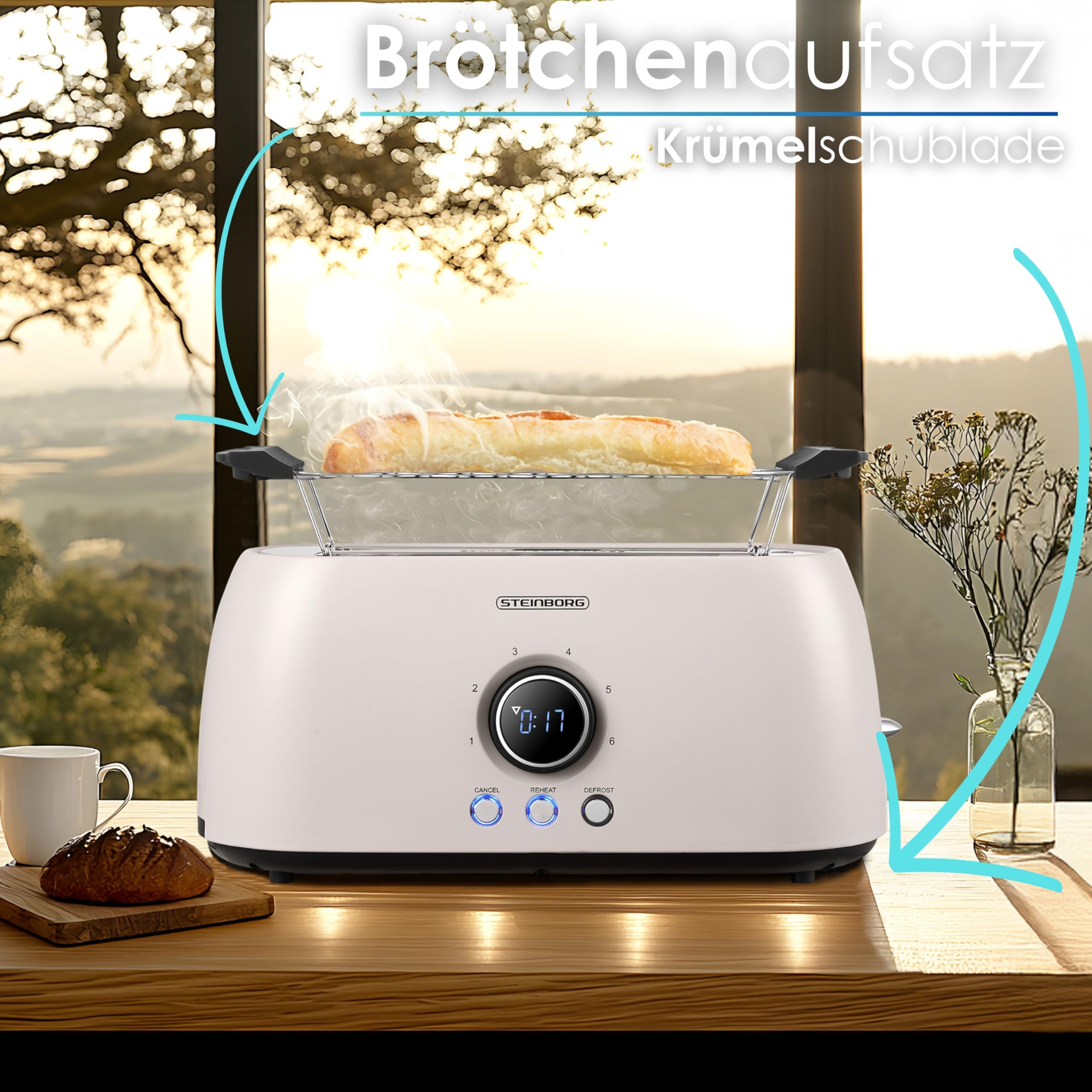 XXL Edelstahl Toaster 4 Scheiben Toastautomat Brötchenaufsatz Krümelschublade eB
