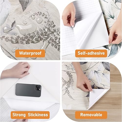 Miniatura 9 de Wallercity Papel tapiz de hojas grises para despegar y pegar, papel tapiz de hojas florales, 17.5 x 315 pulgadas, vinilo autoadhesivo de hojas de