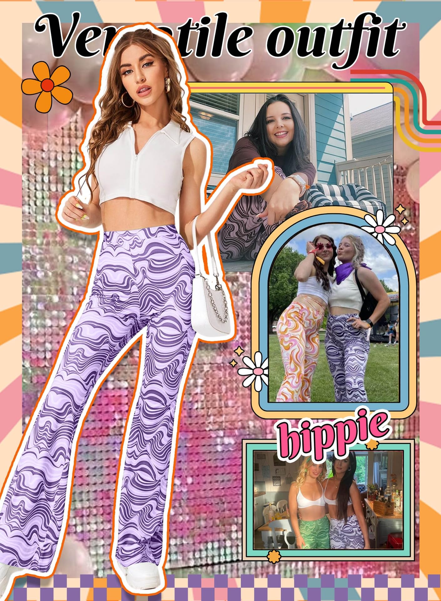 EVELUST Festival Flare Hosen Für Damen - 70er Jahre Outfit Hippie Kleidung Flower High Waist Breite Bein Flair Leggings Rave Disco Kostüm Palazzo Schlaghose Sommer Bell Bottom