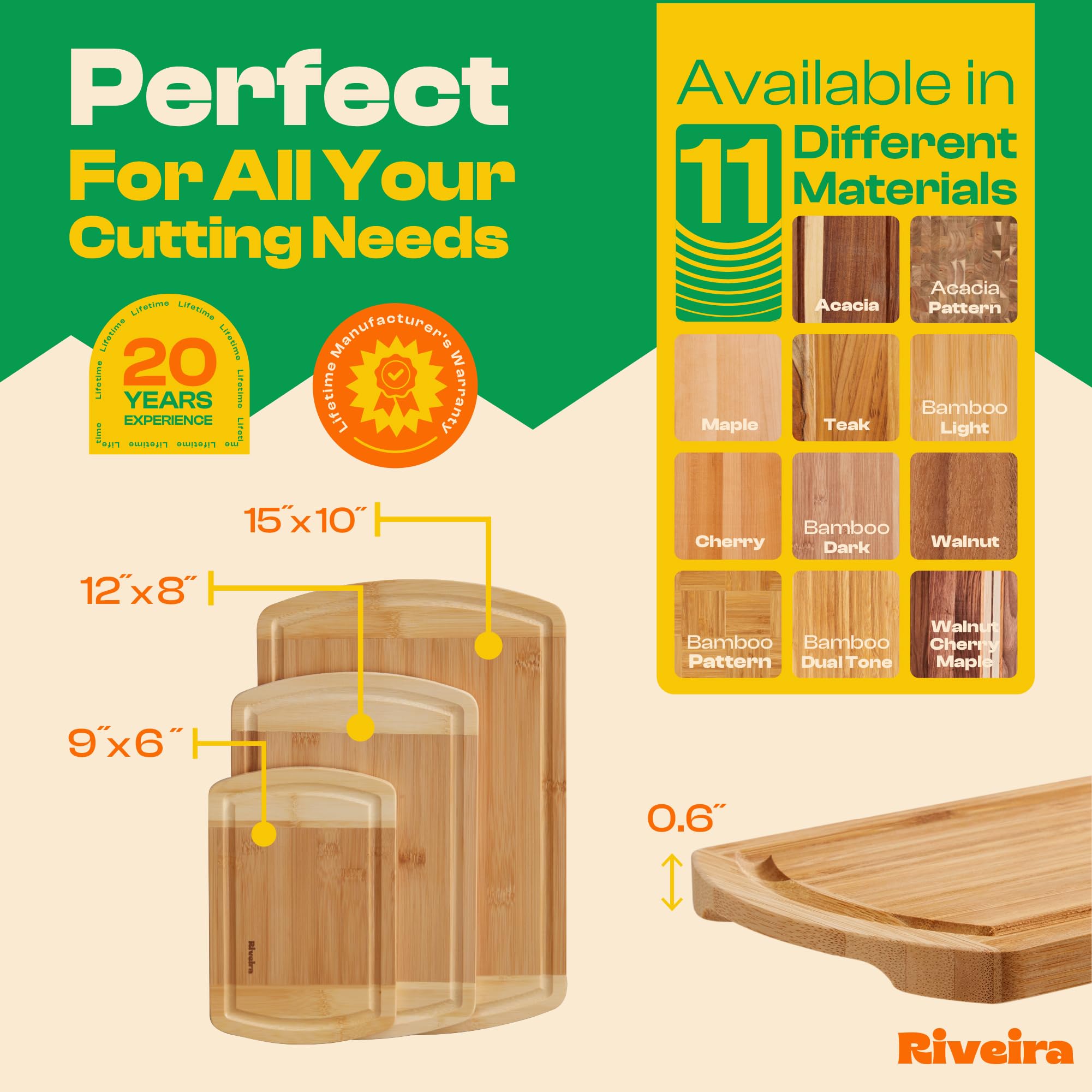 Riveira Tabla de cortar de madera de bambú de dos tonos, versátil y duradera: juego de 3 tablas de cortar rectangulares de madera, tablas de cortar de madera natural para cocina, tabla de cortar de
