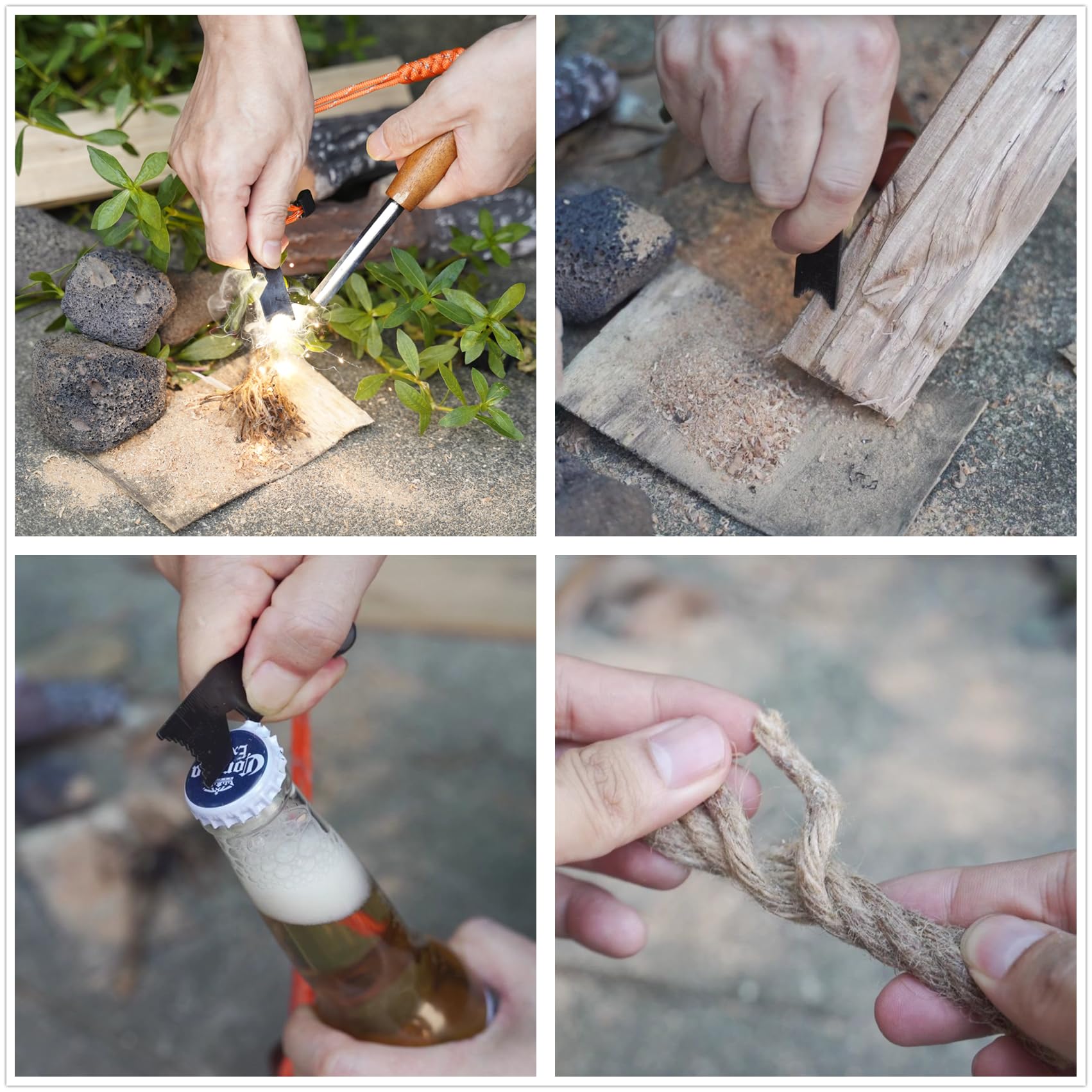 Feuerstarter Survival Tool, Ferro Rod Kit mit Striker, Paracord Handgelenk Lanyard, Holzgriff, Zunderdocht, Tasche, wasserdichter Feuerstein und Stahl Feuerstarter für Camping, Wandern und