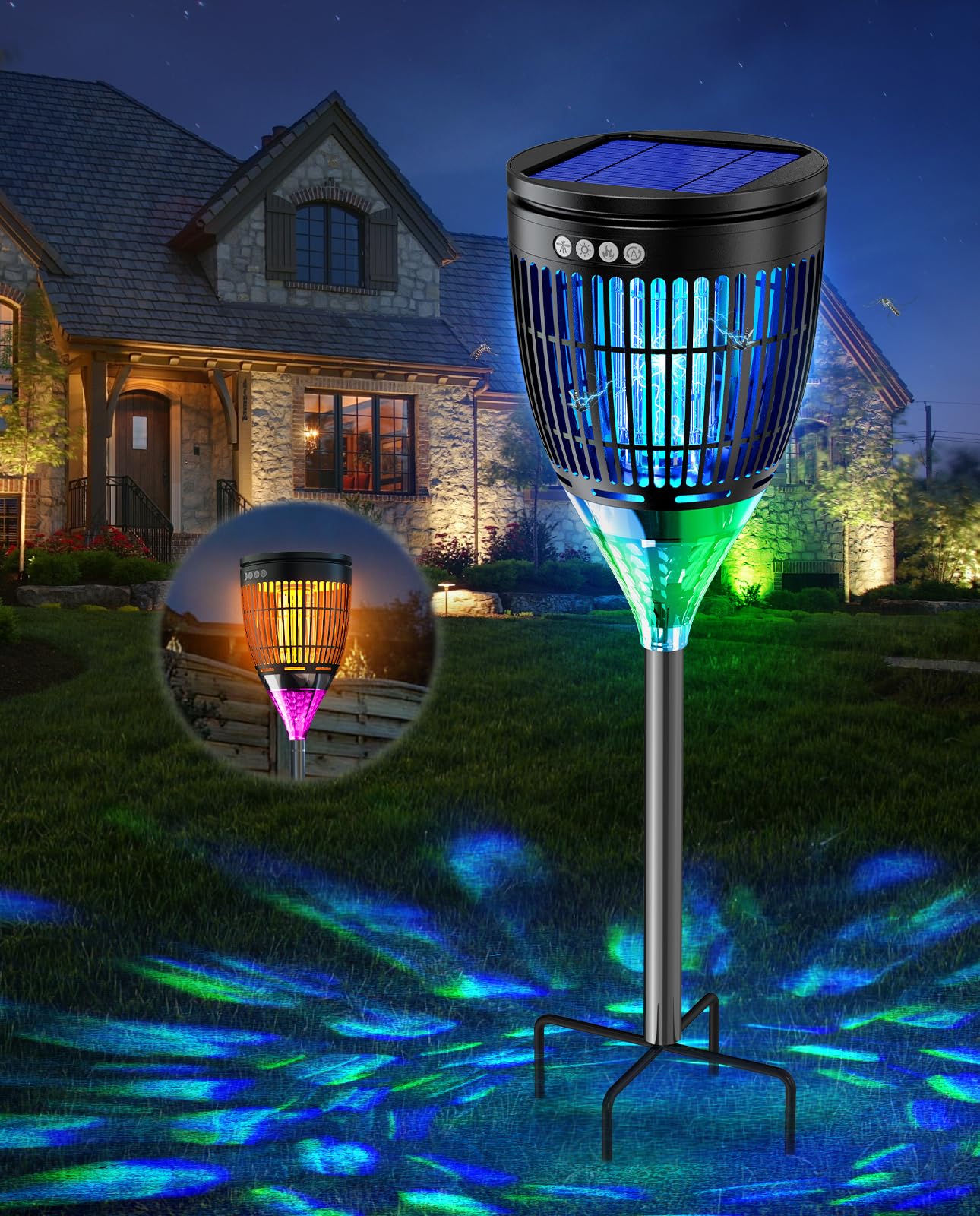 Lampada Antizanzare Solare da Esterno, Zanzariera Elettrica 4200V, Impermeabile IPX5, Ricaricabile USB-C, Lampada Zanzare Senza Fili con Picchetto per Giardino, Prato, Cortile