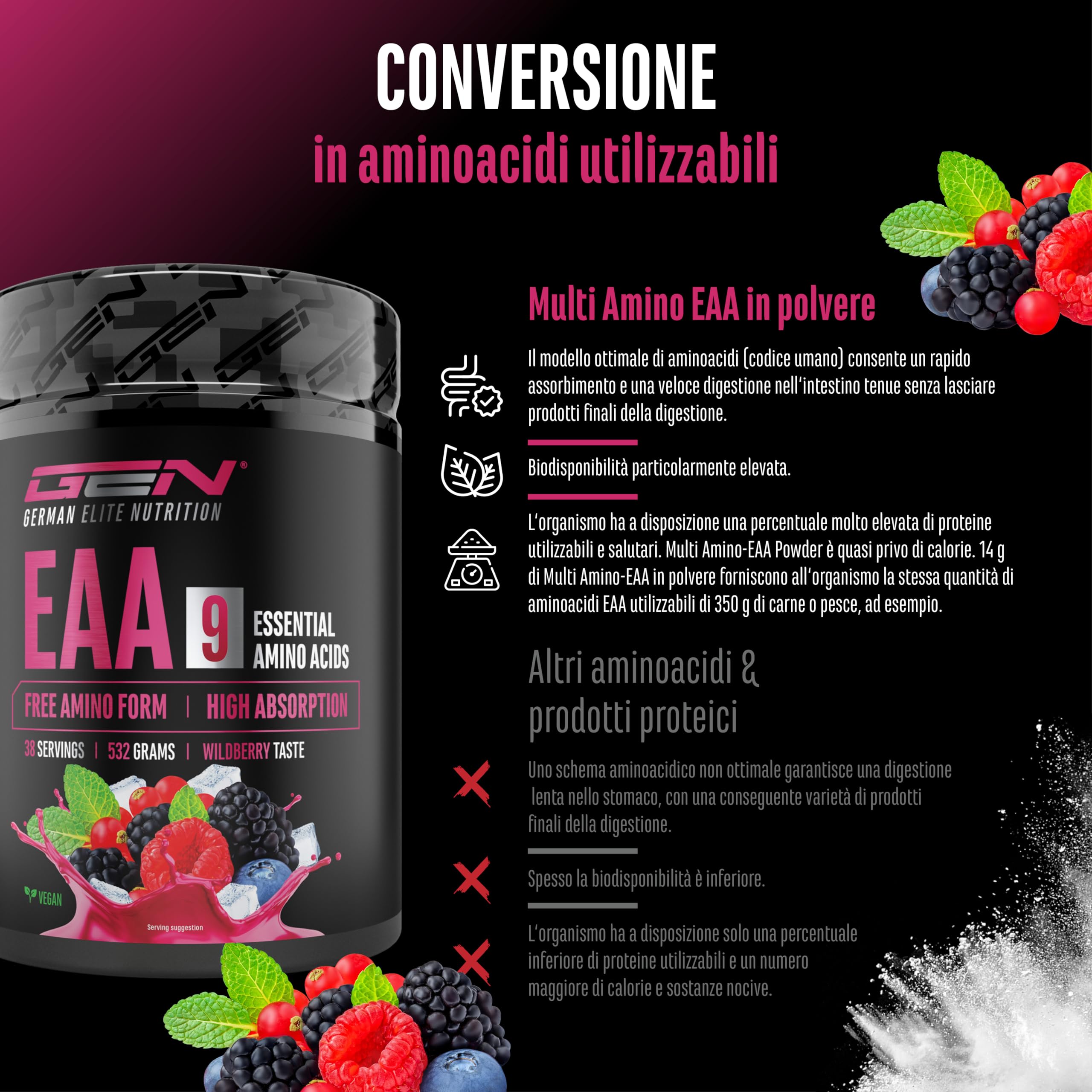 Polvere EAA 532 g (38 porzioni) - Tutti i 9 aminoacidi essenziali incl. istidina e BCAA - Formula Human Code - Vegano - Molto solubile - Bevanda di amminoacidi rinfrescante (Wildberry)