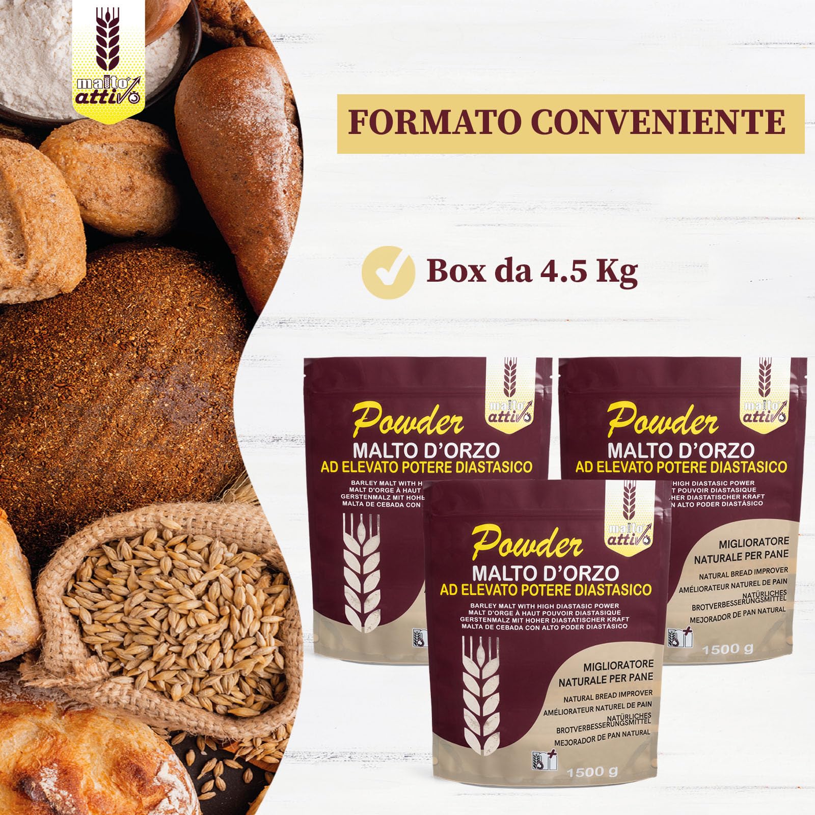 Malto Attivo, Box Powder da 3 pz di Powder 1.5Kg, Farina di Malto d’Orzo ad Elevato Potere Diastasico, Malto Diastasico Ideale per Panificazione, 14.000 Unità Pollak, Made in Italy.