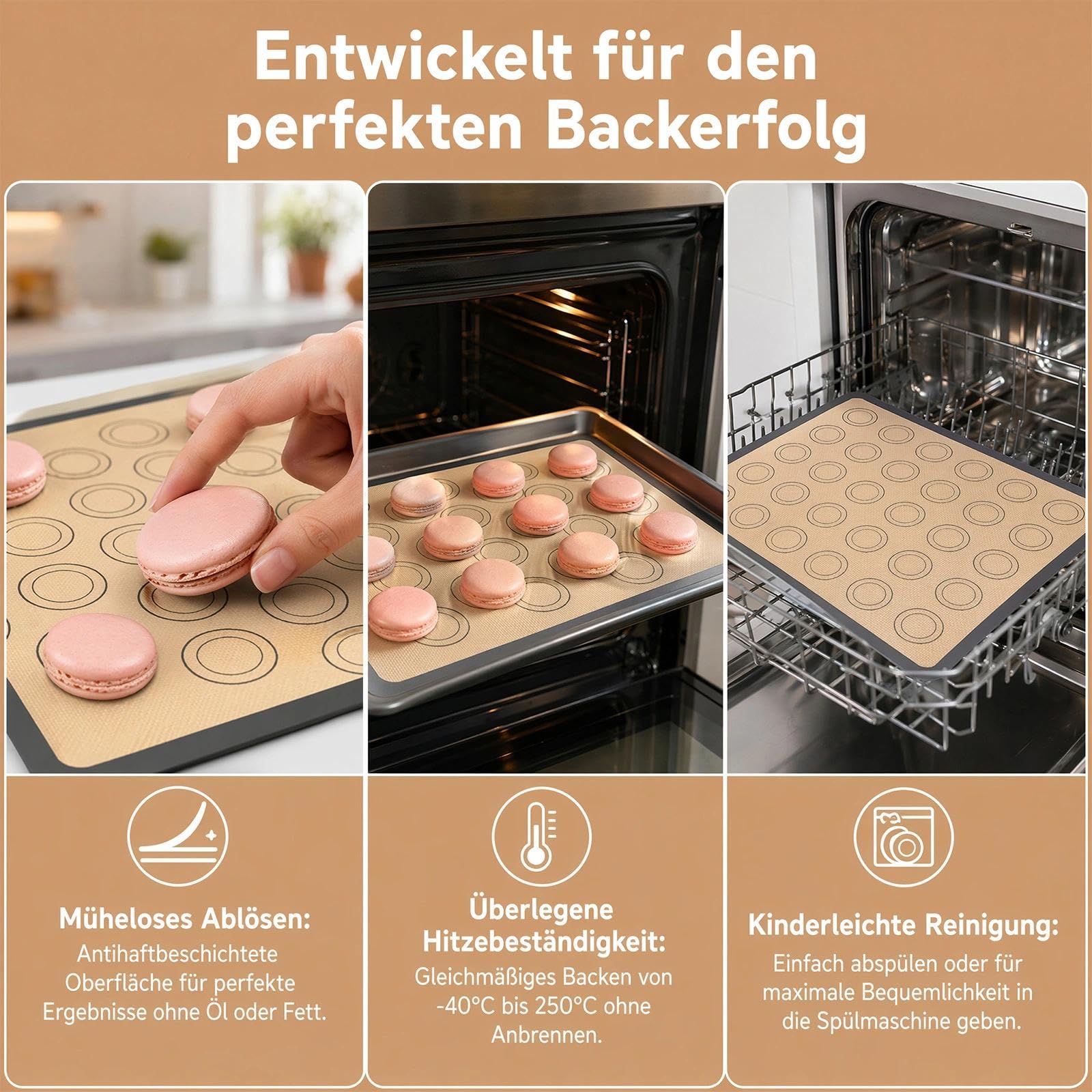 3 tappetini da forno in silicone per macaron, 42 x 29,5 cm, tappetino in silicone, facile da pulire, antiaderente, con raschietto blu, per torte, pane, biscotti, pizza