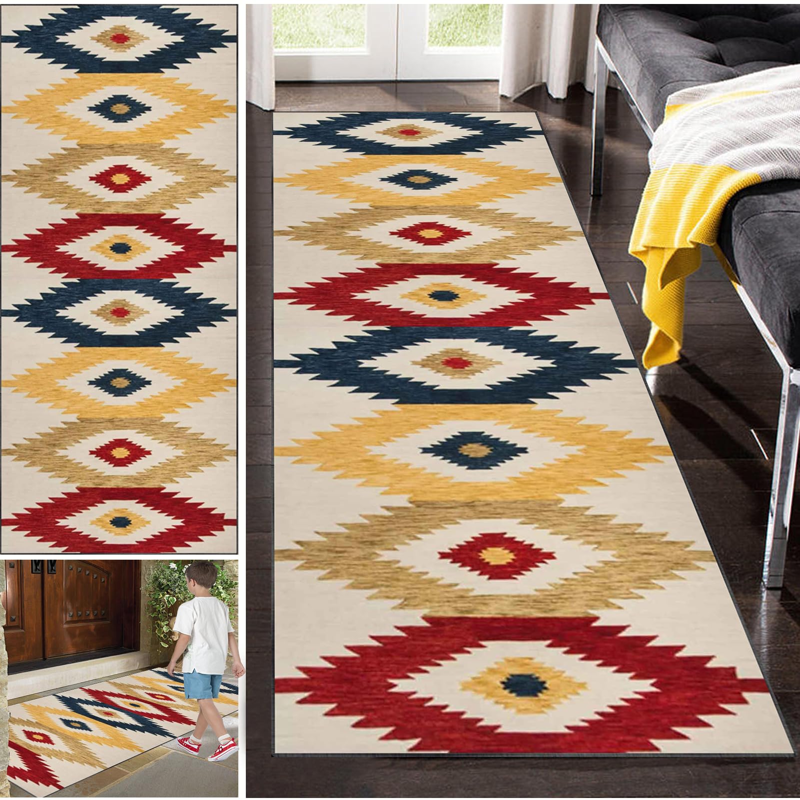 Tapis de couloir antidérapant et lavable en polyester géométrique 110x200