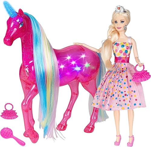 Miniatura 8 de Juego de unicornio mágico grande de 12 pulgadas y muñeca de princesa de 11.5 pulgadas, con luces arcoíris y sonidos de unicornio, juguetes de