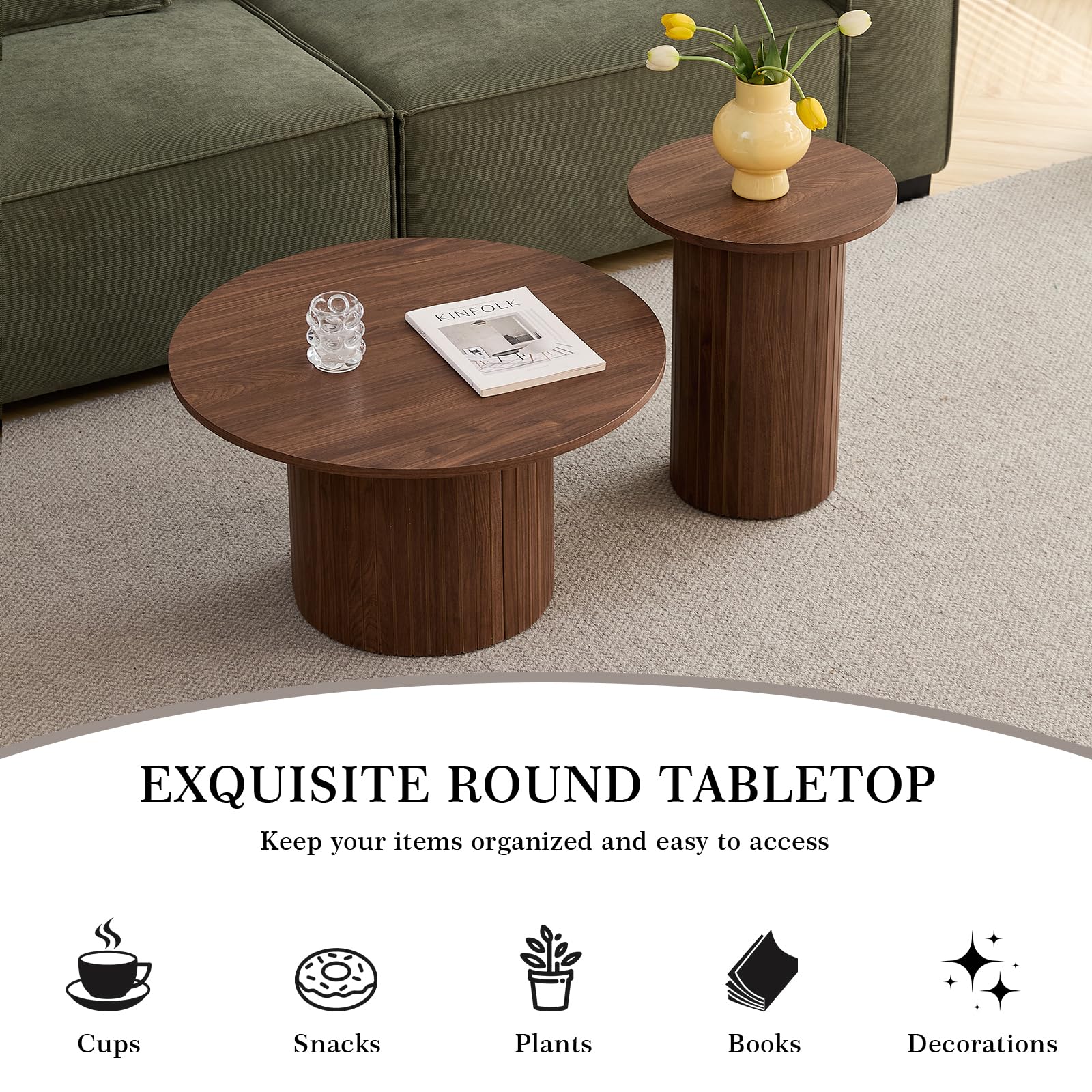 Set di 2 Tavolini da Caffè Rotondi Impilabili con Base Cilindrica; Tavolino Moderno con Piano in MDF e Base a Doghe in Legno (Noce/Vinatura legno)