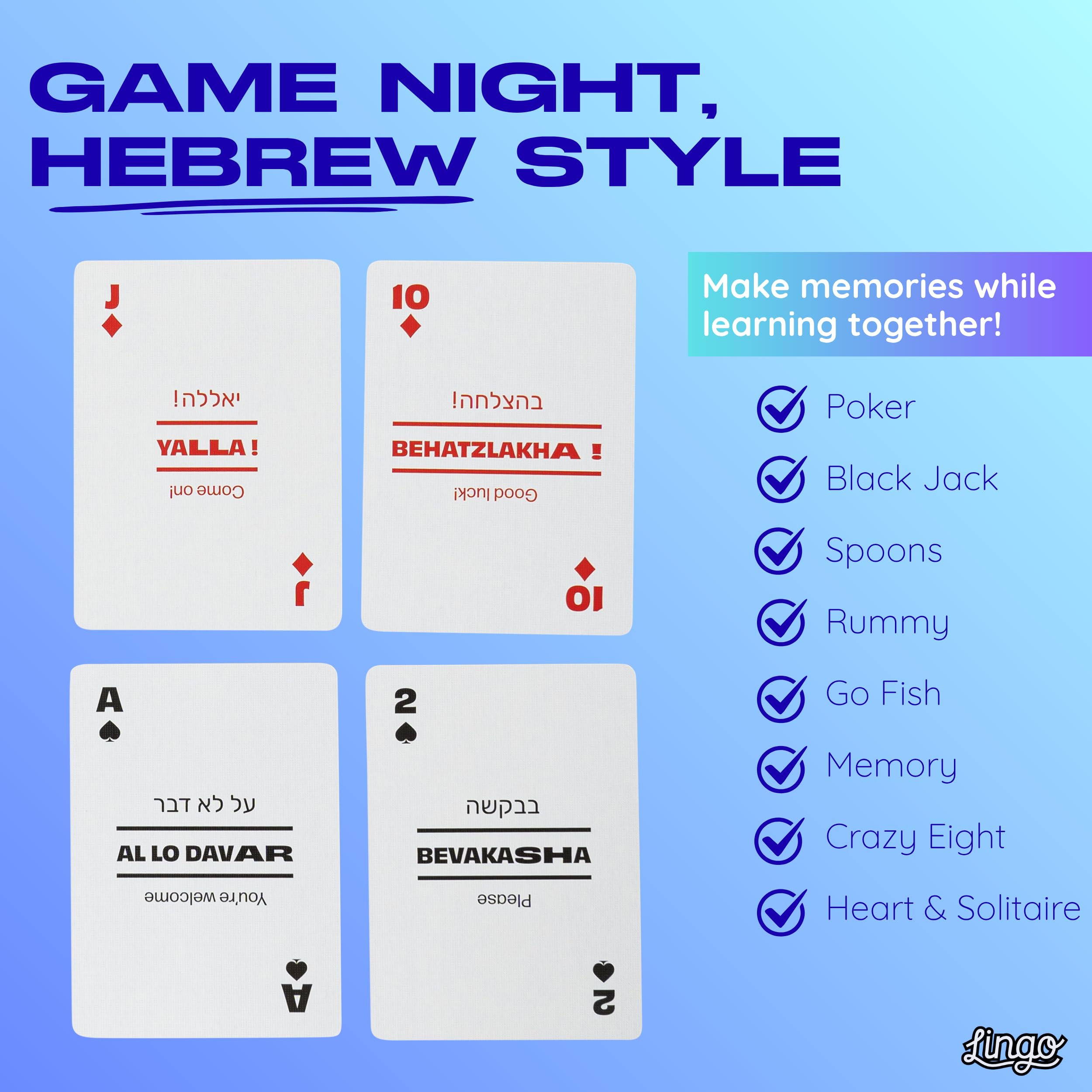 Lingo Hebrew Playing Cards - Learn Hebrew Vocabulary Flashcards With 52 Essential Translations