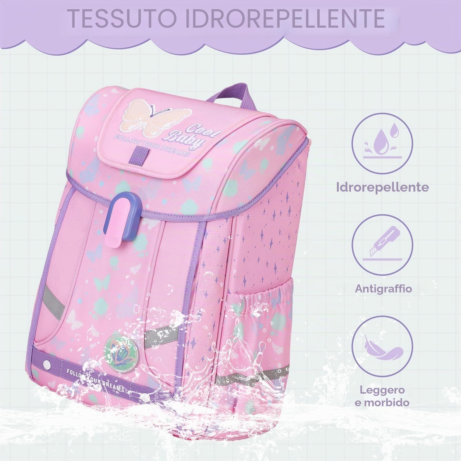 Amythe Zaino Ergonomico Ragazza 1a-4a Elementare Cintura Toracica | Zaino Scolastico Bambini 6-10 Anni Cintura Rimovibile Riflettente 24L Rosa