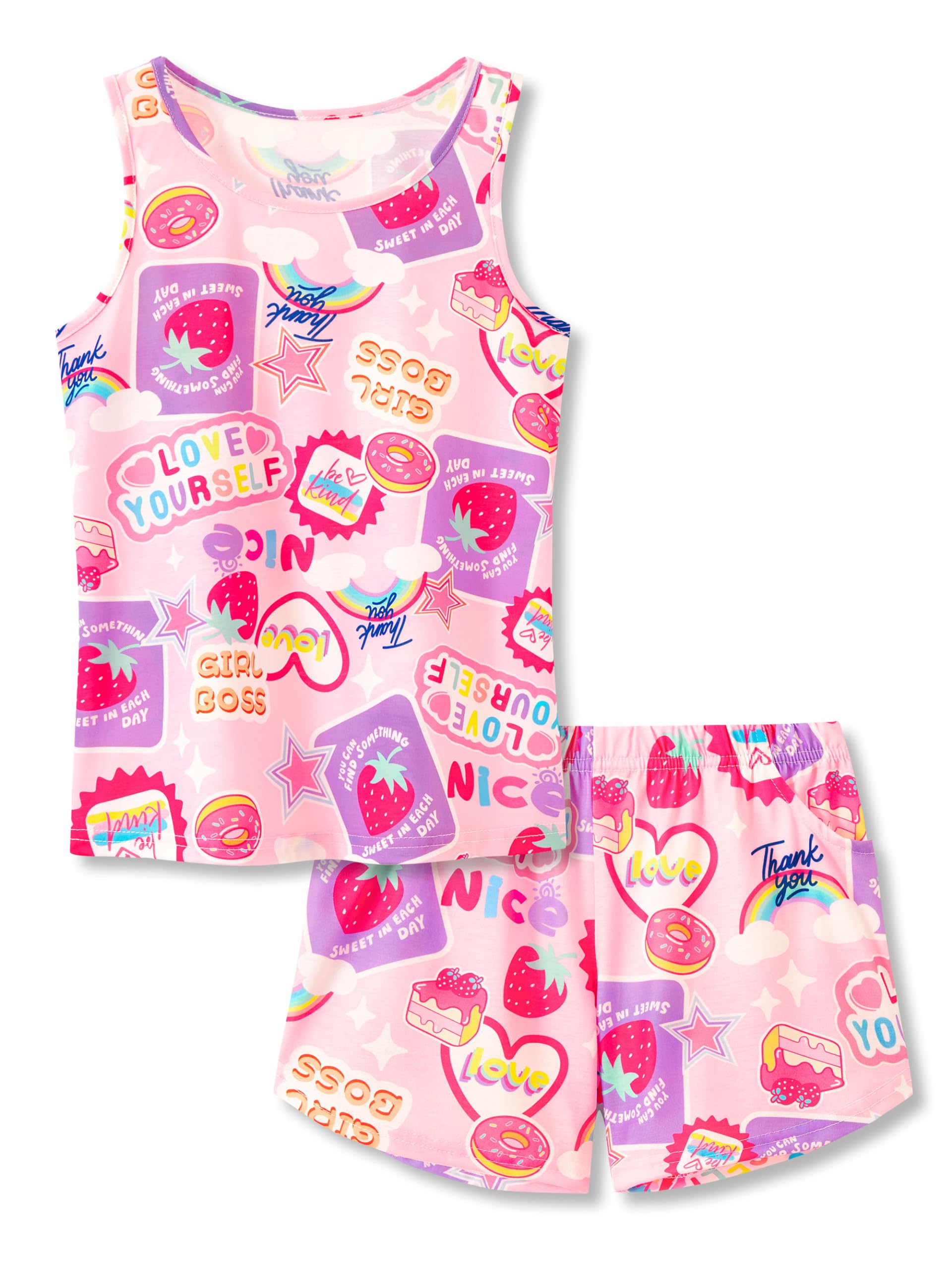 Beezizac Girls Pajamas Neon Tie Dye Spiral Capybara Smiling Face Print T-shirt & Shorts 2-Piece Soft PJ Set Size 6-18