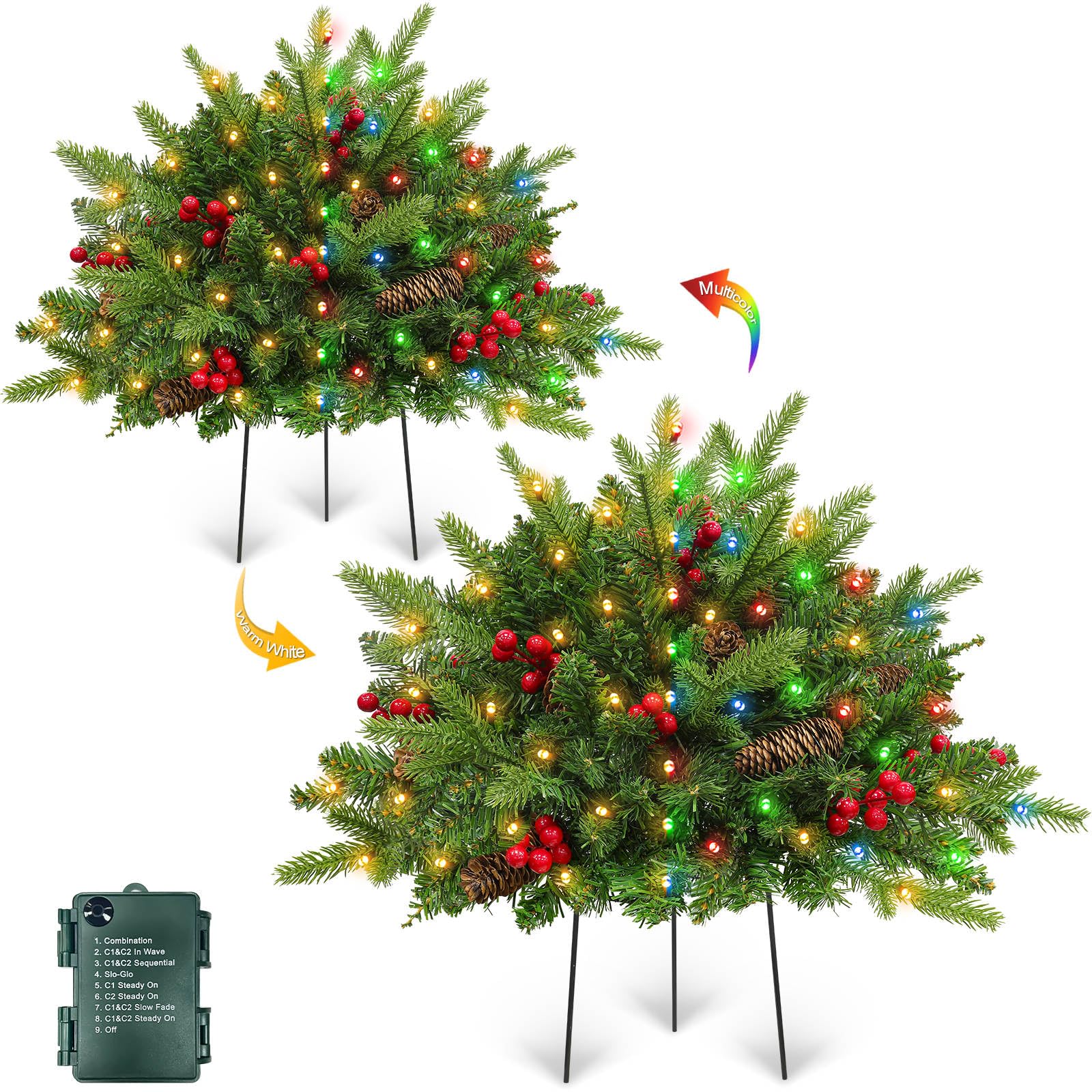 Dual Color Change&Timer 2 Pack 21 Inch Christmas Tree Outdoor Urn Filler Warm White&Colored Lights 8 Mode Pinecones Red Berries Battery Operated Tripod Stake Christmas Porch Decor Pathway Holiday Yard