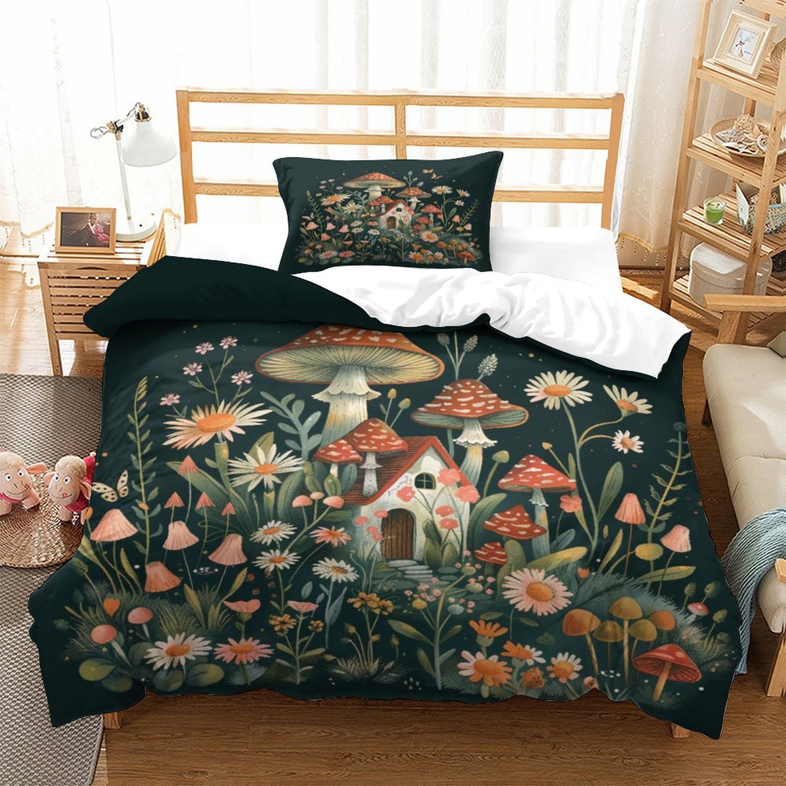 P1S9U7W5Y 3D Printed fairy mushroom house Duvet Cover Set 3pcs Microfiber floral forest Bedding Set Single