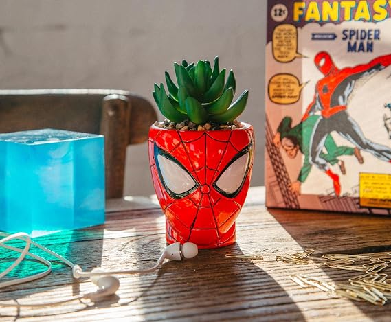 Toynk Marvel Comics Spider-Man Web-Head 3-Inch Ceramic Mini Planter with Artificial Succulent | Small Flower Pot, Faux Indoor Plants