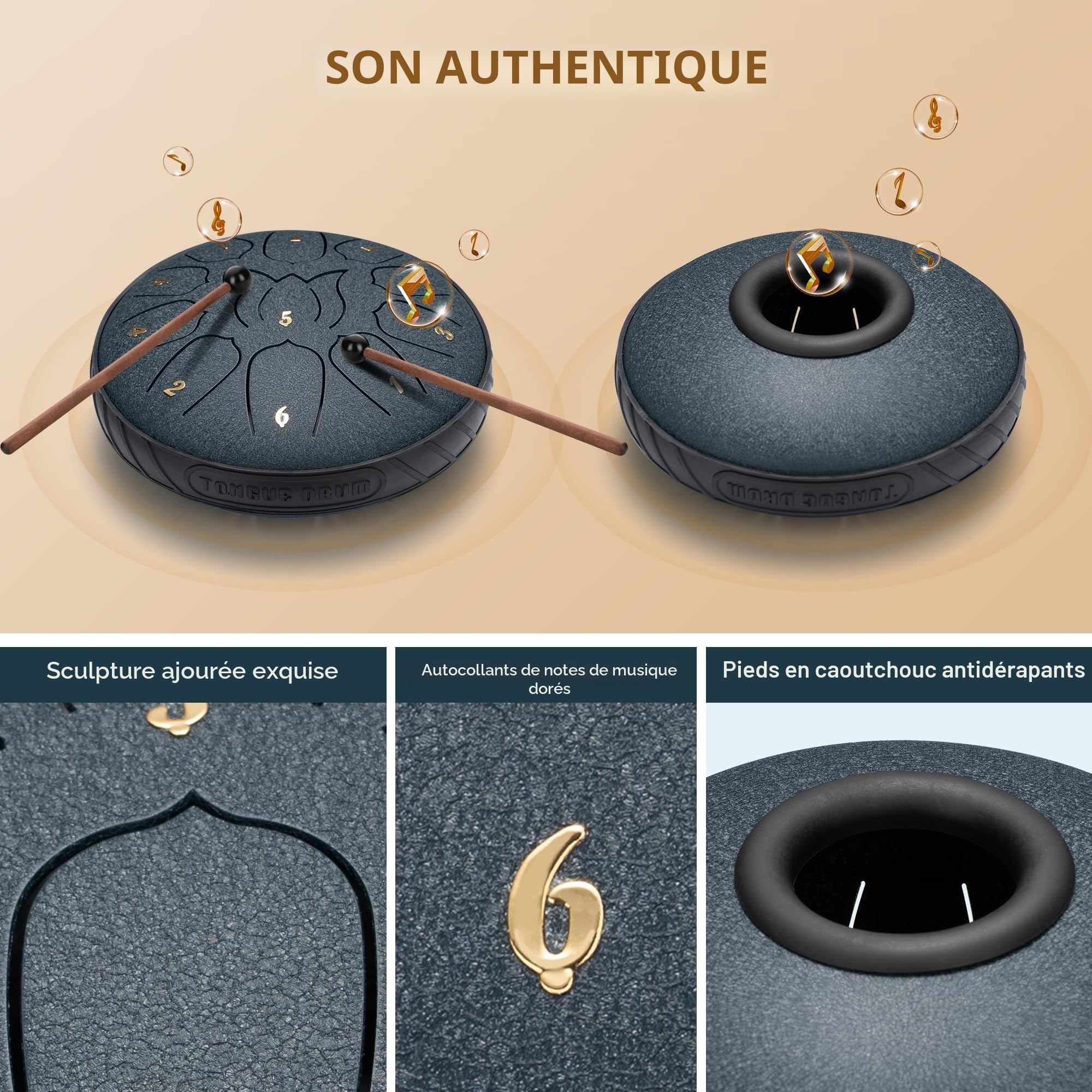 CAHAYA Tambour à langue en acier 6 pouces 11 tons : instrument de percussion en acier pour enfants livré avec livre de musique baguettes touche et sac tambour à main pour méditation yoga, bleu marine