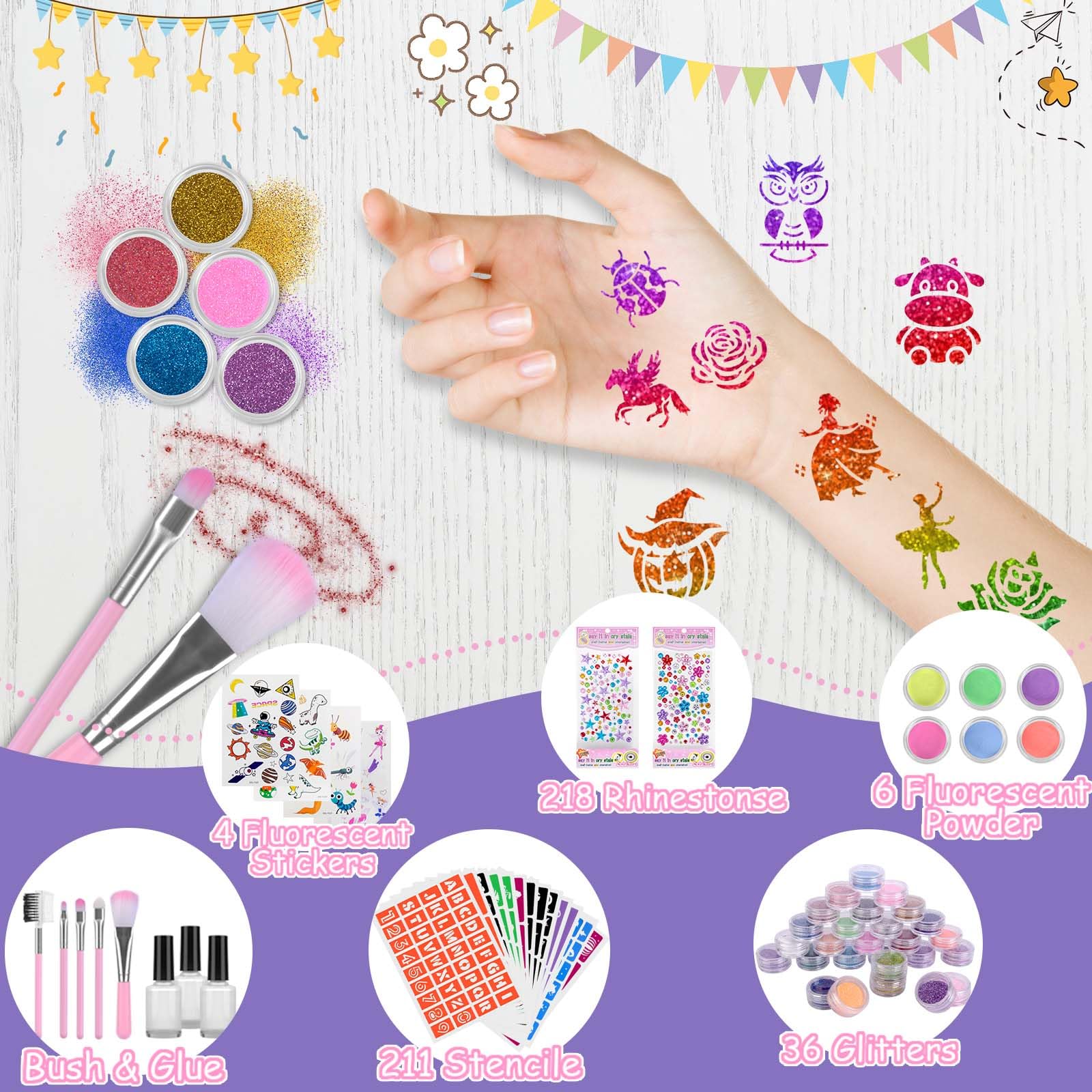 Set di tatuaggi glitterati per bambini, 42 colori, tatuaggi temporanei con glitter per ragazze,228 stencil,8 pennelli,233 strass,3 colla,kit per il trucco di carnevale,per ragazze dai 3 anni in su