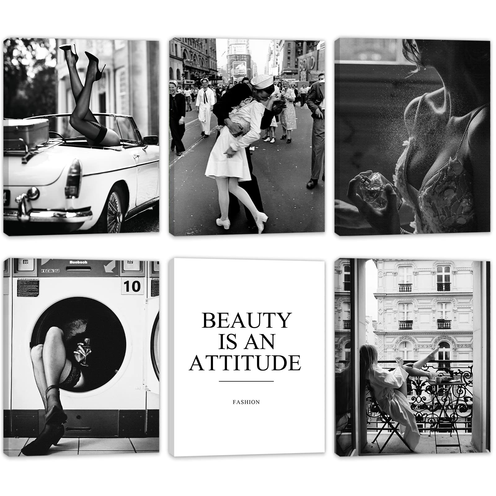 HoozGee Black and White Posters with WOODEN FRAME INSIDE Vintage Fashion Wall Decor Retro Wall Art Prints Pictures Set for Living Room Bedroom Decor (Square Girl Art, 8"x10" FRAME)