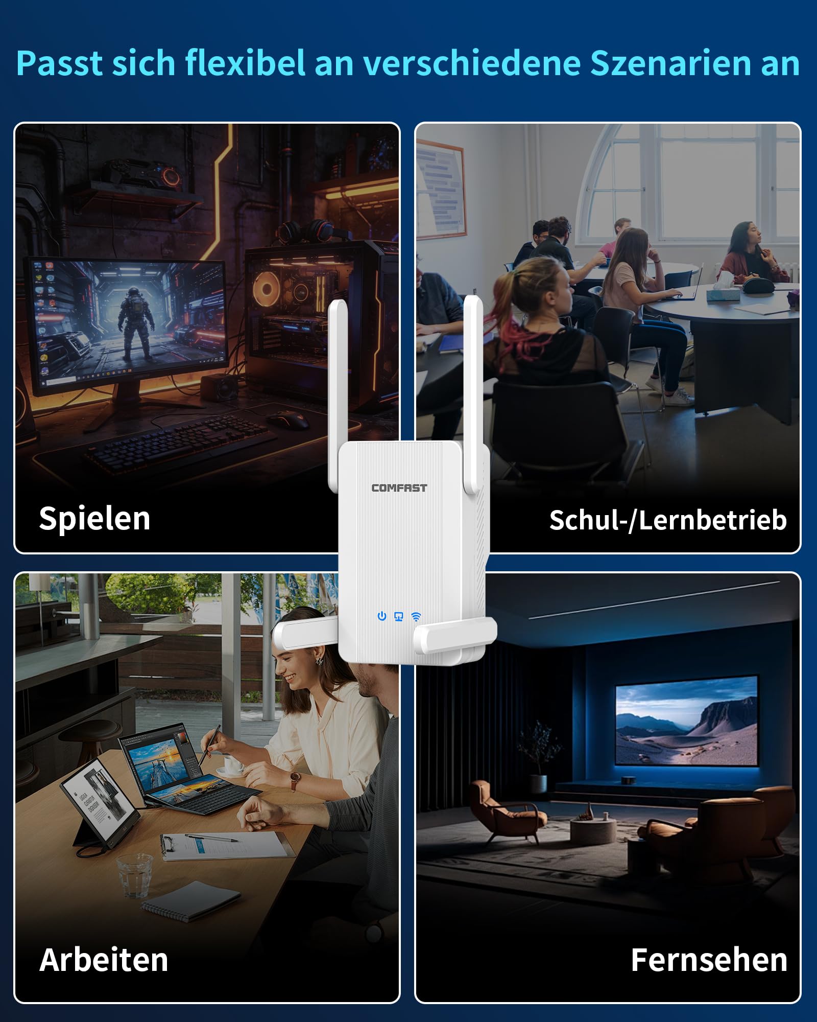 COMFAST WLAN-Verstärker WLAN Repeater AX2700 WiFi6 Dualband MU-MIMO&OFDMA | mit 4×5dBi Antennen, 1x Gigabit LAN/WAN Port, WPS, 3 Modi Repeater/Router/AP, WPA3, Signalanzeige, ideal für Zuhause und Büro