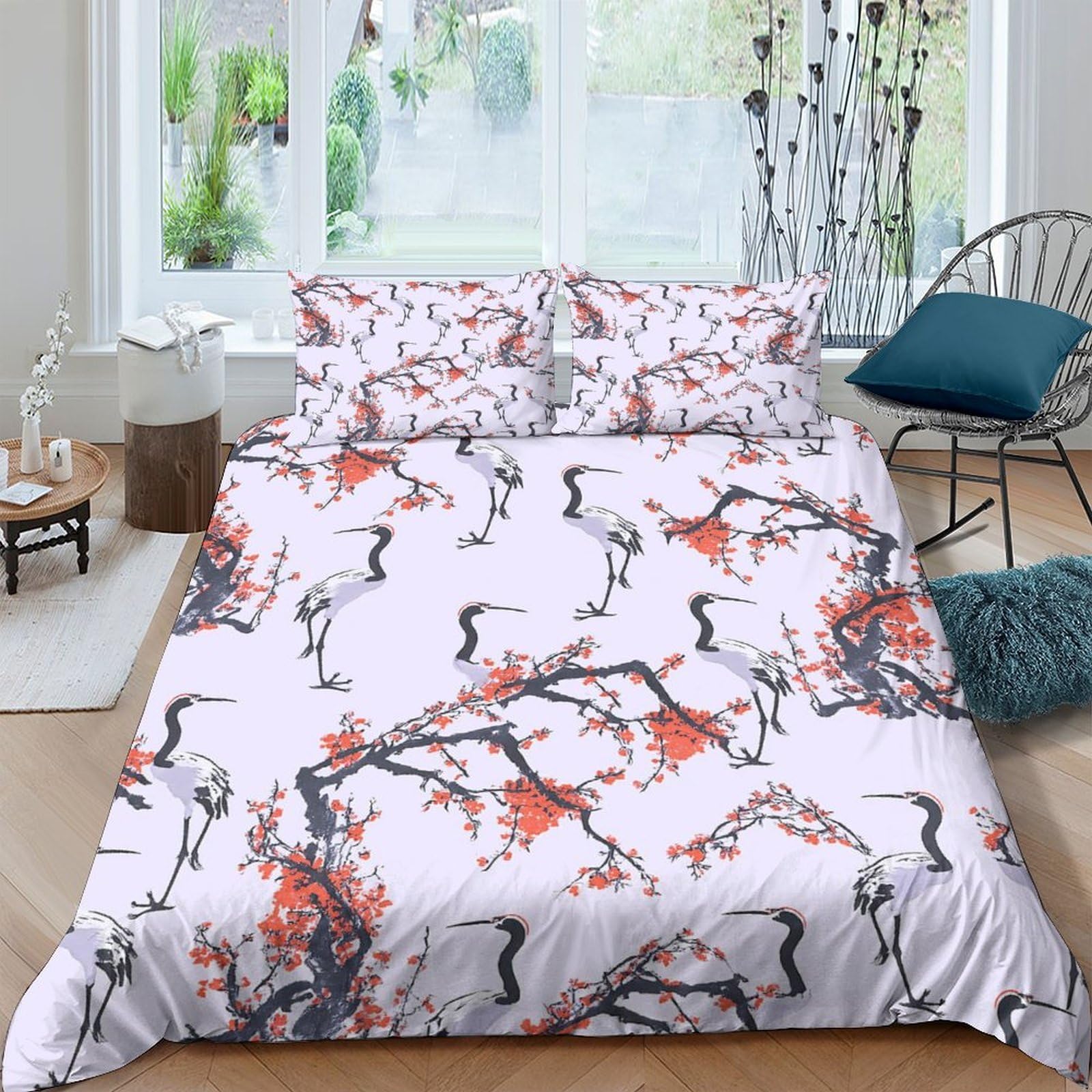 Ctjqhvkz Style-3 3D Printed Japanese Cherry Blossom Fitted Sheet Microfiber Soft White Black Crane Bed Cover Bedroom Decor Single（135X200cm）