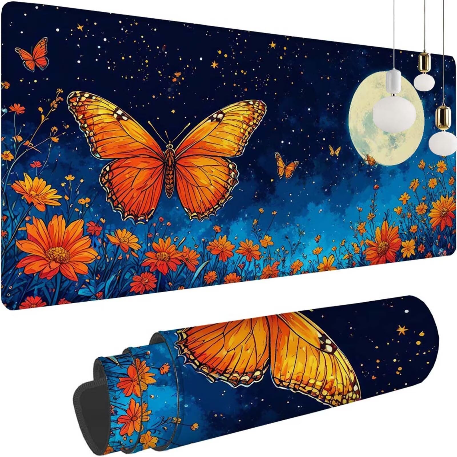 Alfombrilla Ratón Mariposa Luna Alfombrilla Ratón XXL 1400x600x3mm Mouse Pad Resiste Salpicaduras, Extendida de Gran Tamaño con Bordes Cosidos, Mejora la Precisión y la Velocidad, Antideslizante y-239
