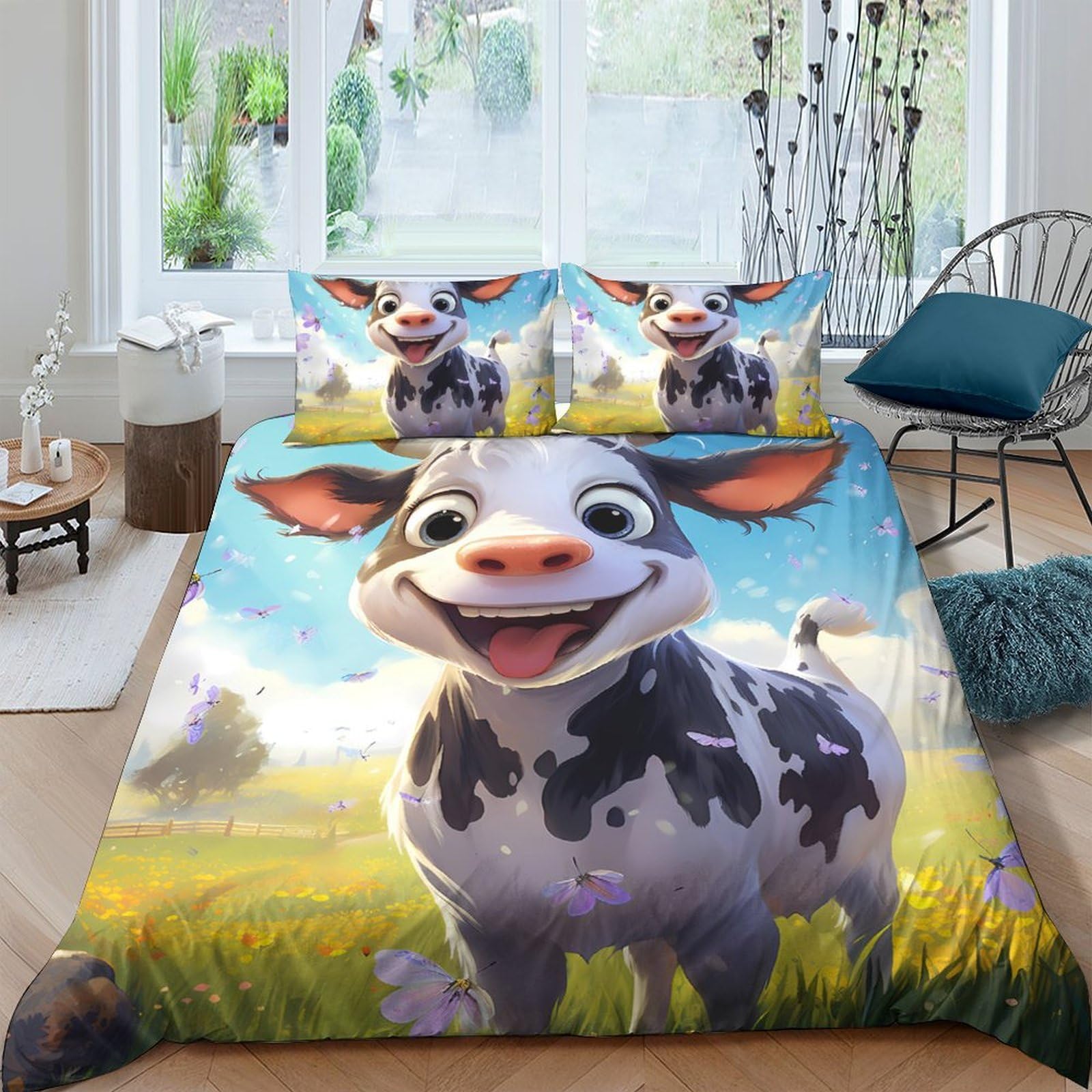 Ctjqhvkz Style-1 3D Printed Cartoon Cow Fitted Sheet Microfiber Soft Animal Meadow Bed Cover For Bedroom Dorm Mattress Decoration Single（135X200cm）