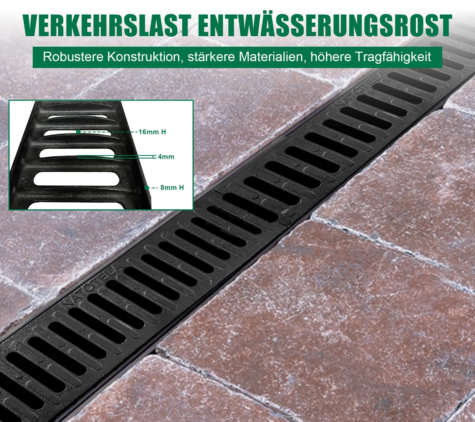 3m Entwässerungsrinne mit B125 Gussrost GJS belastbar bis 12,5 t - 500 x 140 x 100 mm - Bodenrinne Ablaufrinne für Garage Hofeinfahrt Parkplatz - Witterungsbeständig Robust Befahrbar Modular