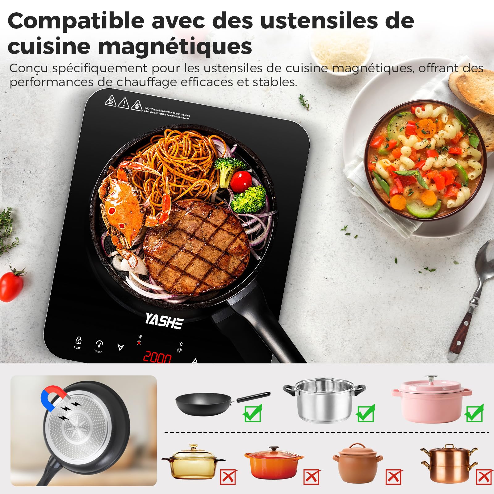 YASHE Plaque à Induction Portable 2000W, Réchaud Induction avec Commande Tactile, 10 Niveaux de Puissance et 10 Températures, Minuterie 4H, Verrouillage Enfant, Vitrocéramique