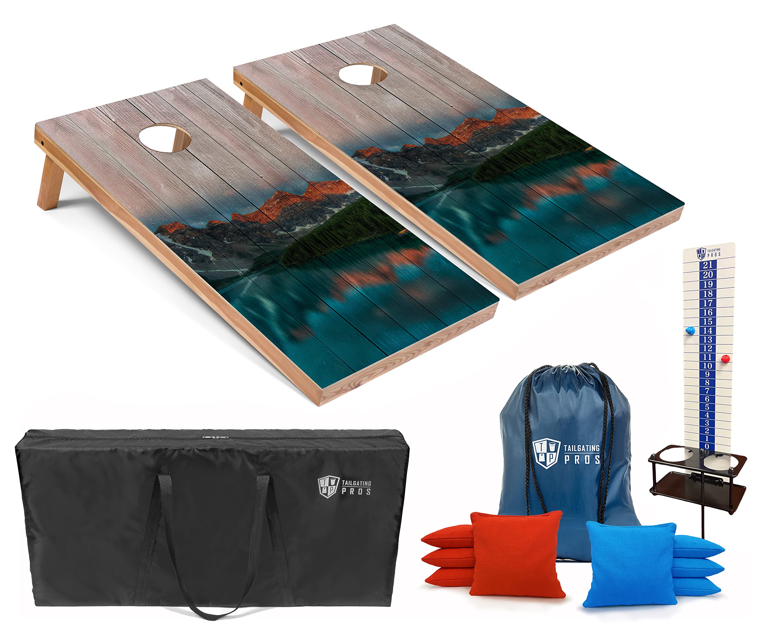 Tailgating Pros Corn Hole Board Set w/Bean Bags, Score Keeper, & Carrying Case - 4'x2' Cornhole Bag Toss -Optional LED Lights(Mountain)