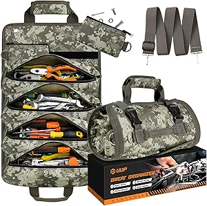 Tool Bag Roll Up, UUP Heavy Duty Rolled Empty Tool Storage Organizing, Portable Tool Roll Container with 2 Detachable Pockets, Folding Tool Holder, Father Day Dad Men Electrician Gift, Camouflage