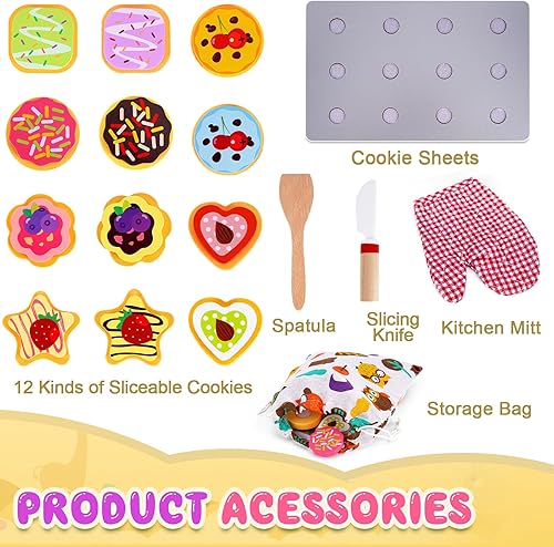 Miniatura 4 de Slice and Bake - Juego de comida de madera para cocina de niños, accesorios de comida de juguete, galletas y bandeja para hornear, juego de hornear