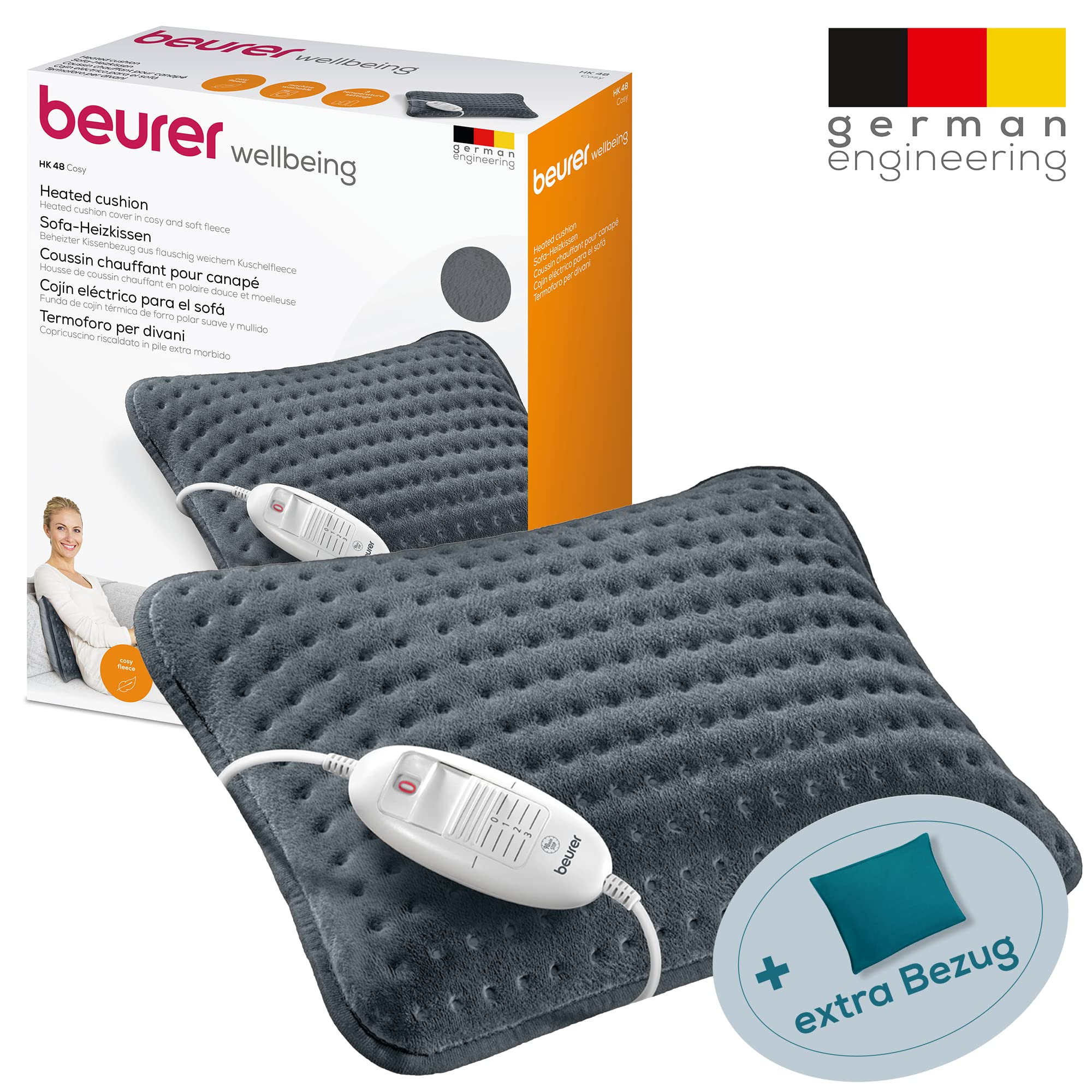Beurer HK 48 Cosy Sofa-Heizkissen mit Schnellheizung, 3 beleuchtete Temperaturstufen und Abschaltautomatik, extra weiches Wendekissen, mit zusätzlichem Filz-Bezug, petrol